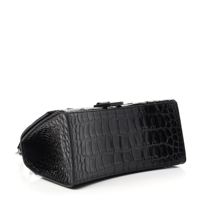 Balenciaga Shiny Calfskin Monochrome Crocodile Embossed Small Hourglass Top Handle Bag Black 4 of 9