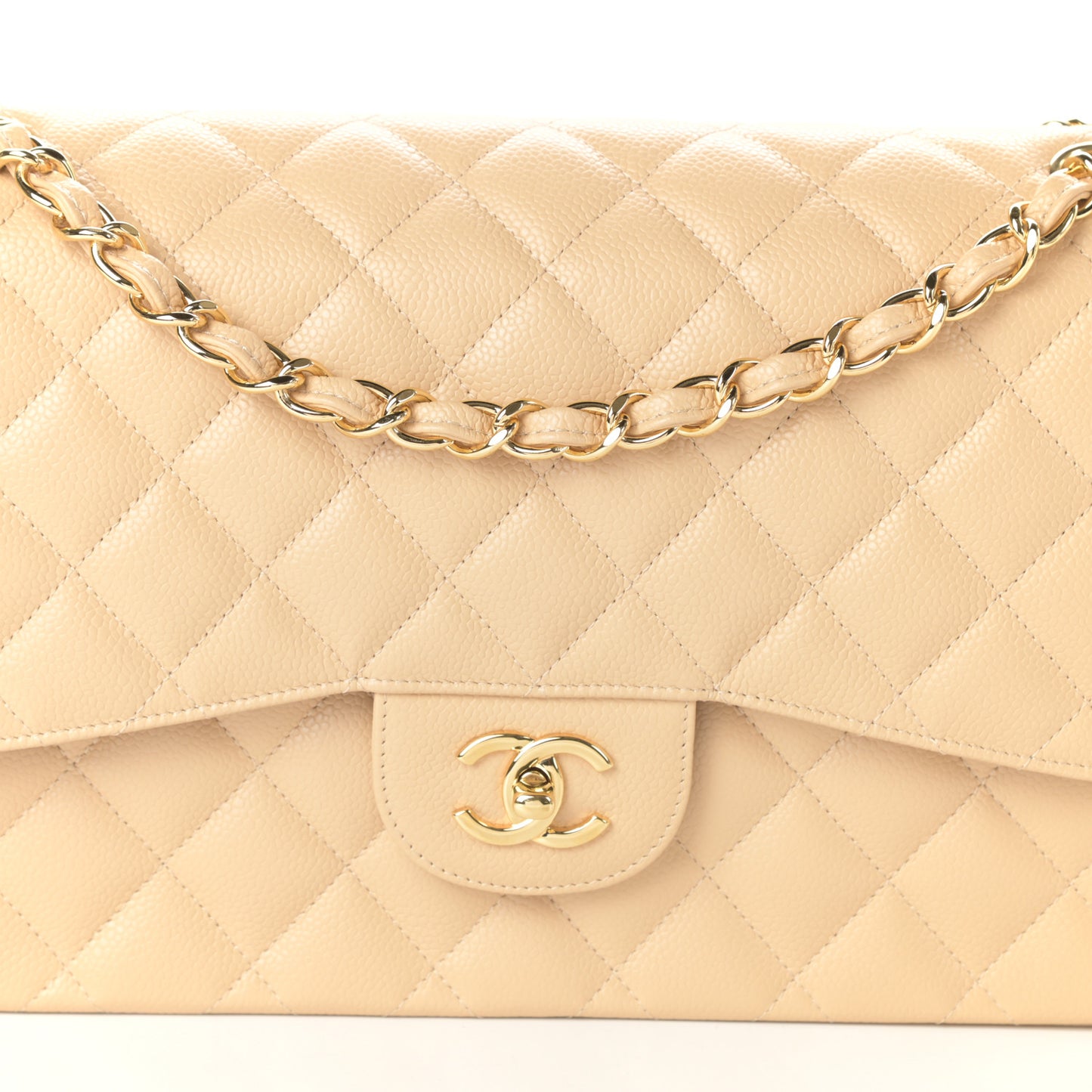 Caviar Quilted Jumbo Double Flap Beige Clair