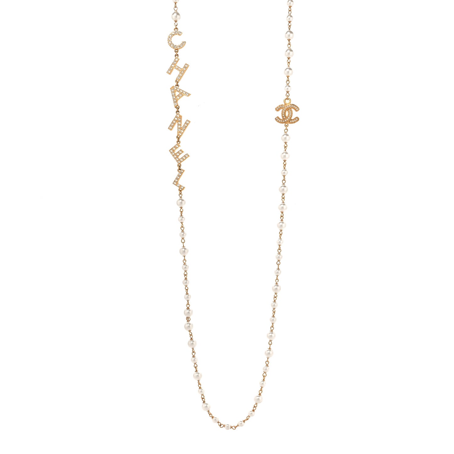 Pearl Crystal Long CC Logo Necklace Gold White