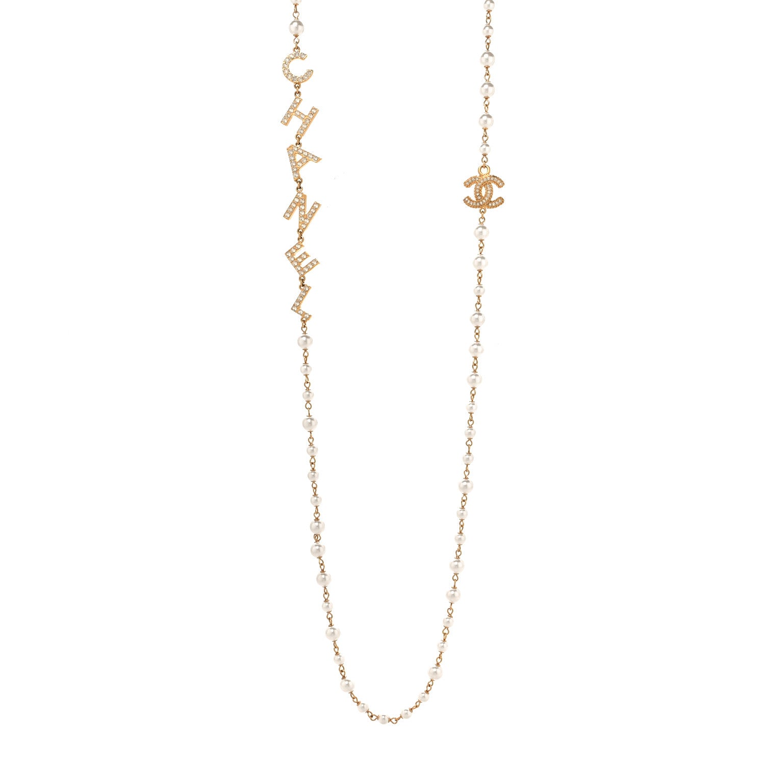 Chanel Pearl Crystal Long CC Logo Necklace Gold White 1 of 4
