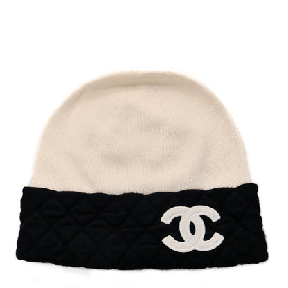 Chanel Cashmere Quilted CC Beanie Hat White Black 1 of 4