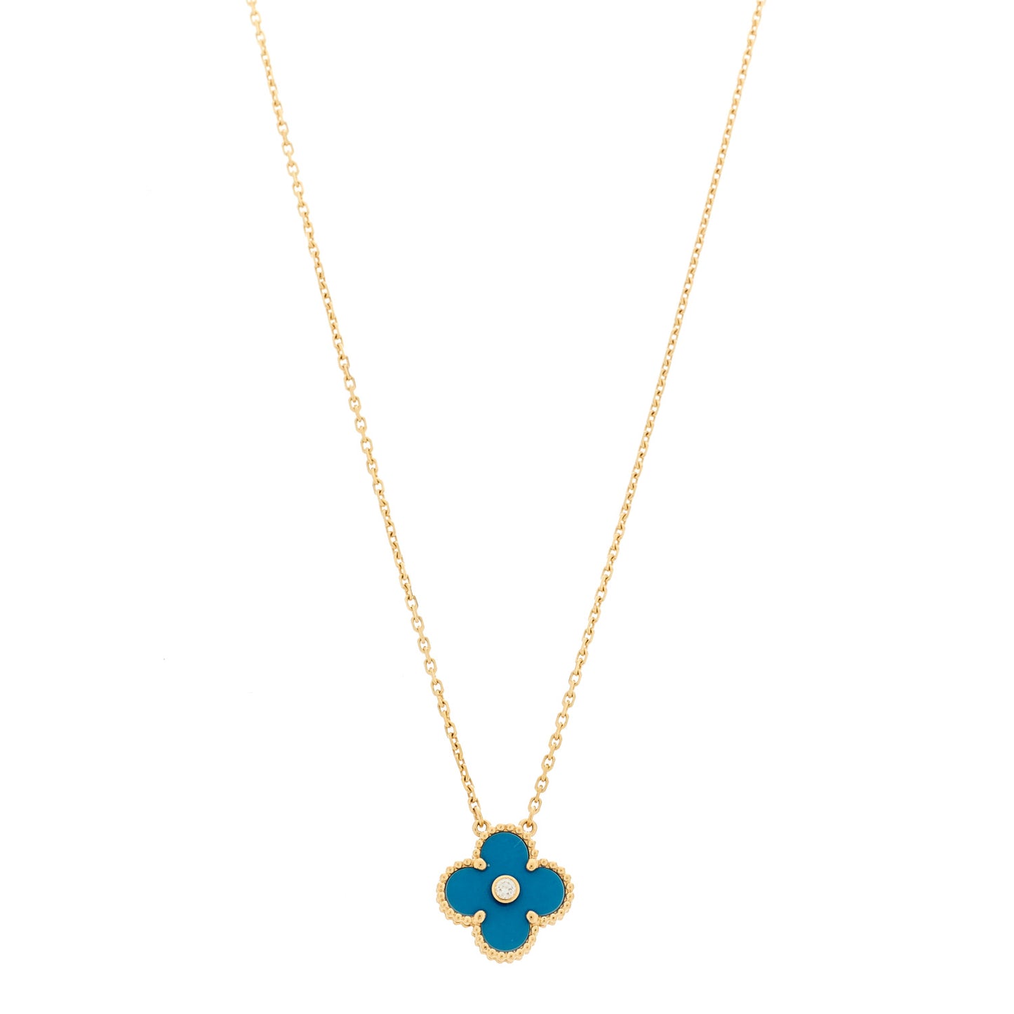 18K Yellow Gold Diamond Celestial Blue Sevres Porcelain Vintage Alhambra Pendant Necklace