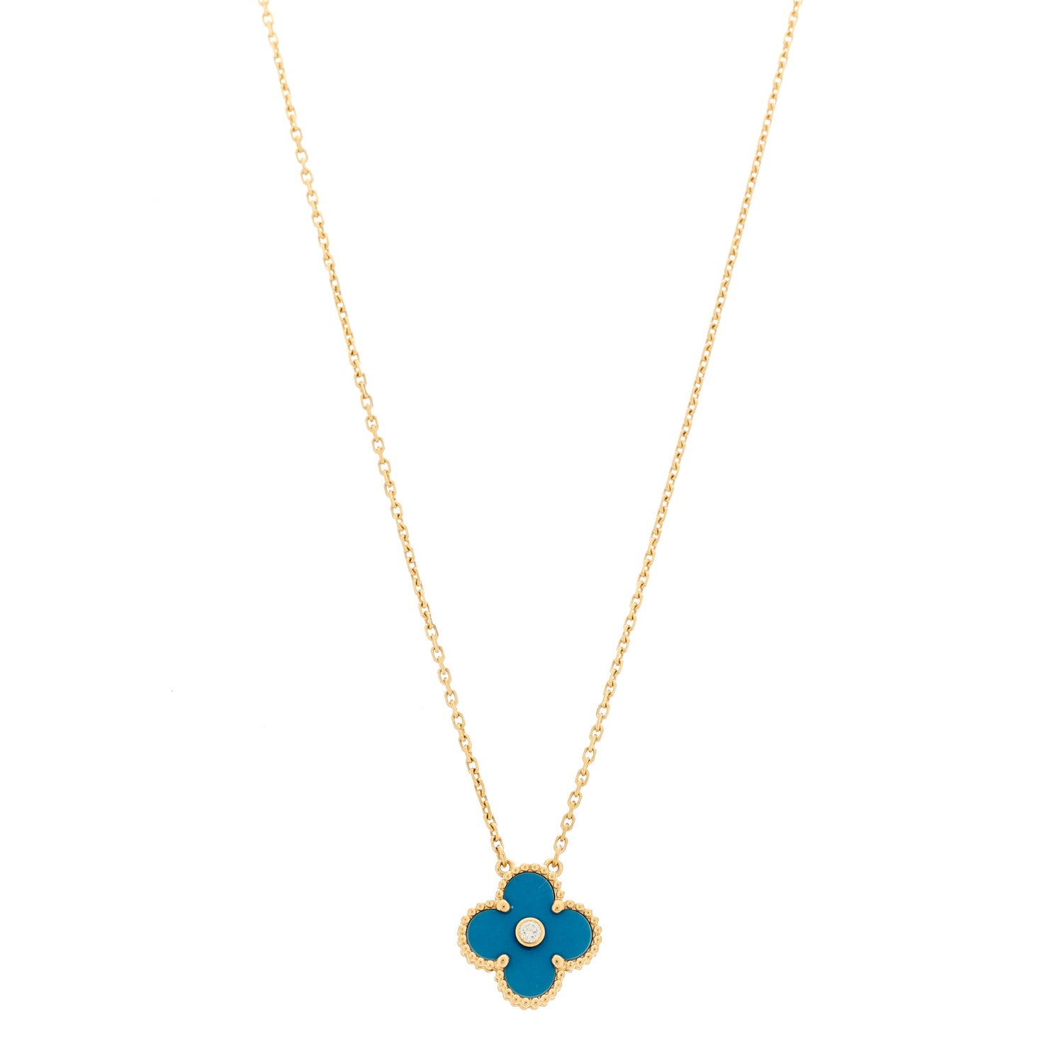 Van Cleef & Arpels 18K Yellow Gold Diamond Celestial Blue Sevres Porcelain Vintage Alhambra Pendant Necklace 1 of 5