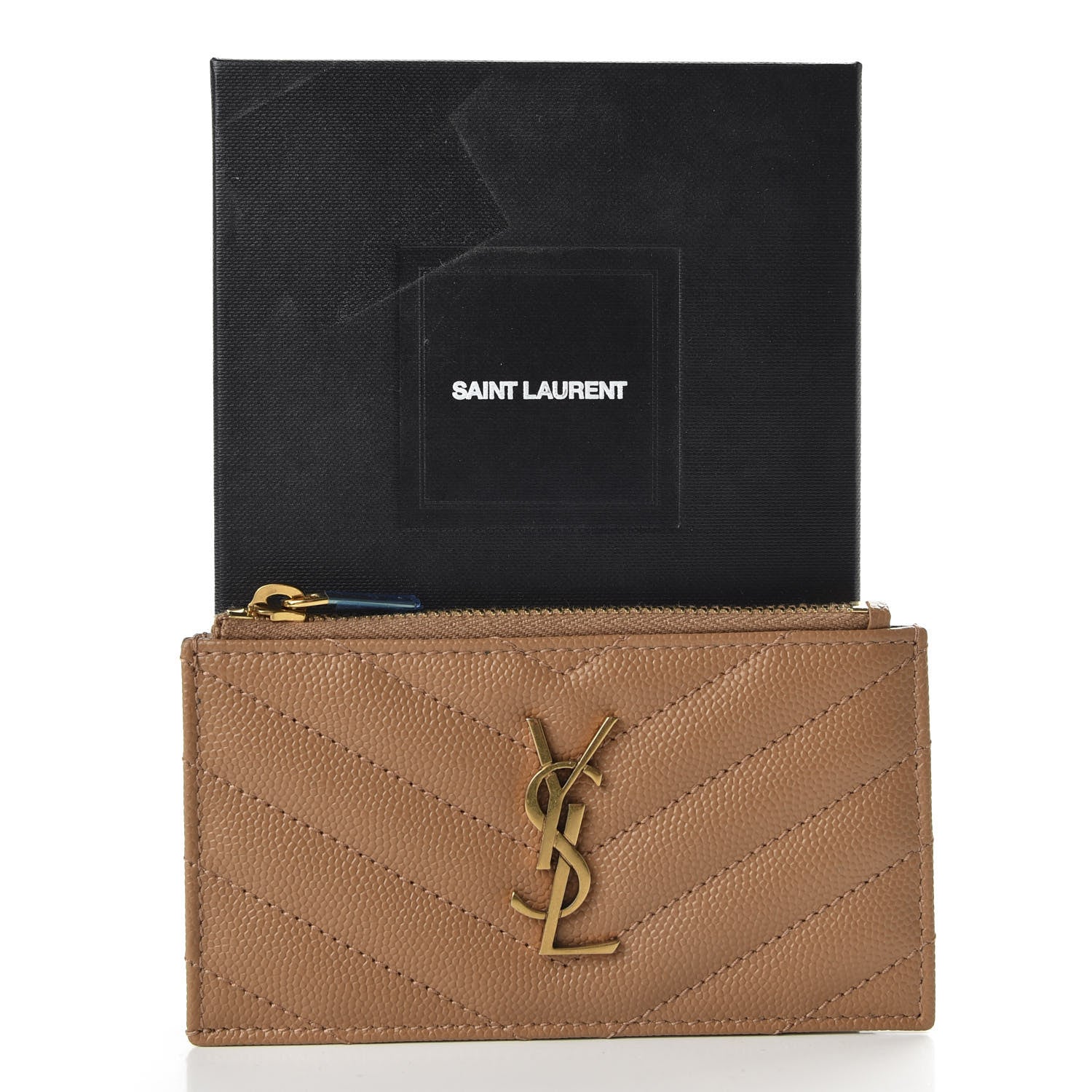 Saint Laurent Grain De Poudre Matelasse Chevron Monogram Fragments Zippered Card Case Cork 8 of 8