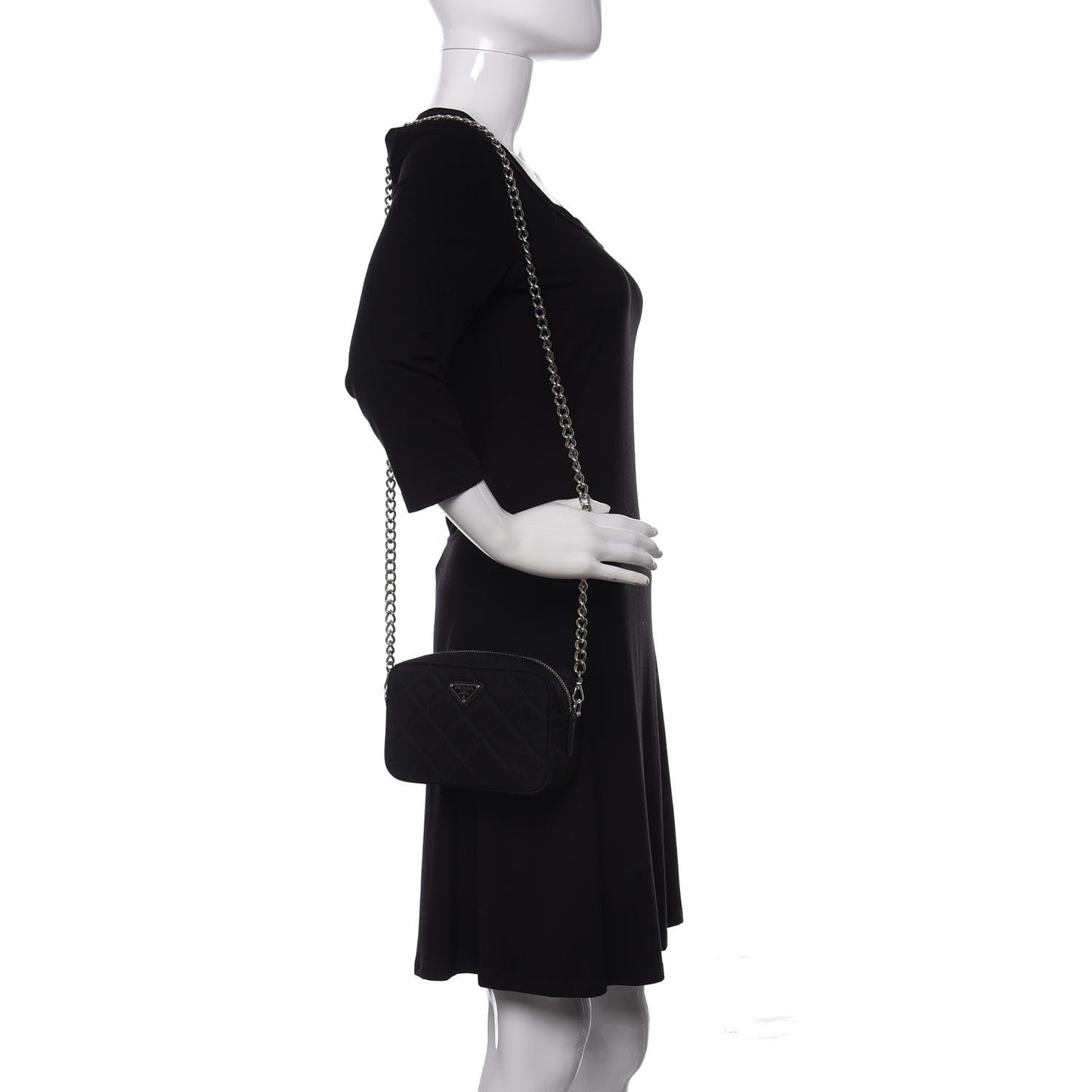 Nylon Tessuto Impuntu Quilted Chain Crossbody Black