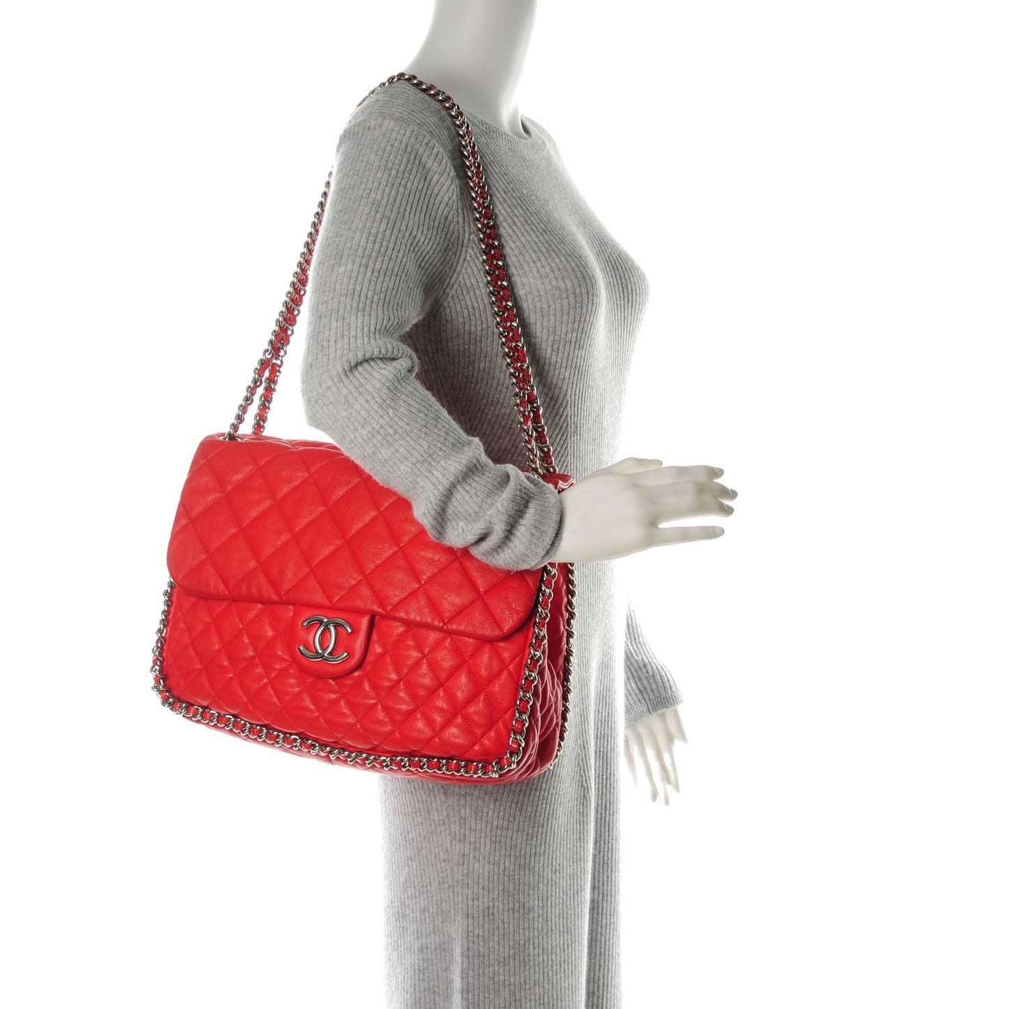 Washed Lambskin Quilted Maxi Chain Around Flap Red