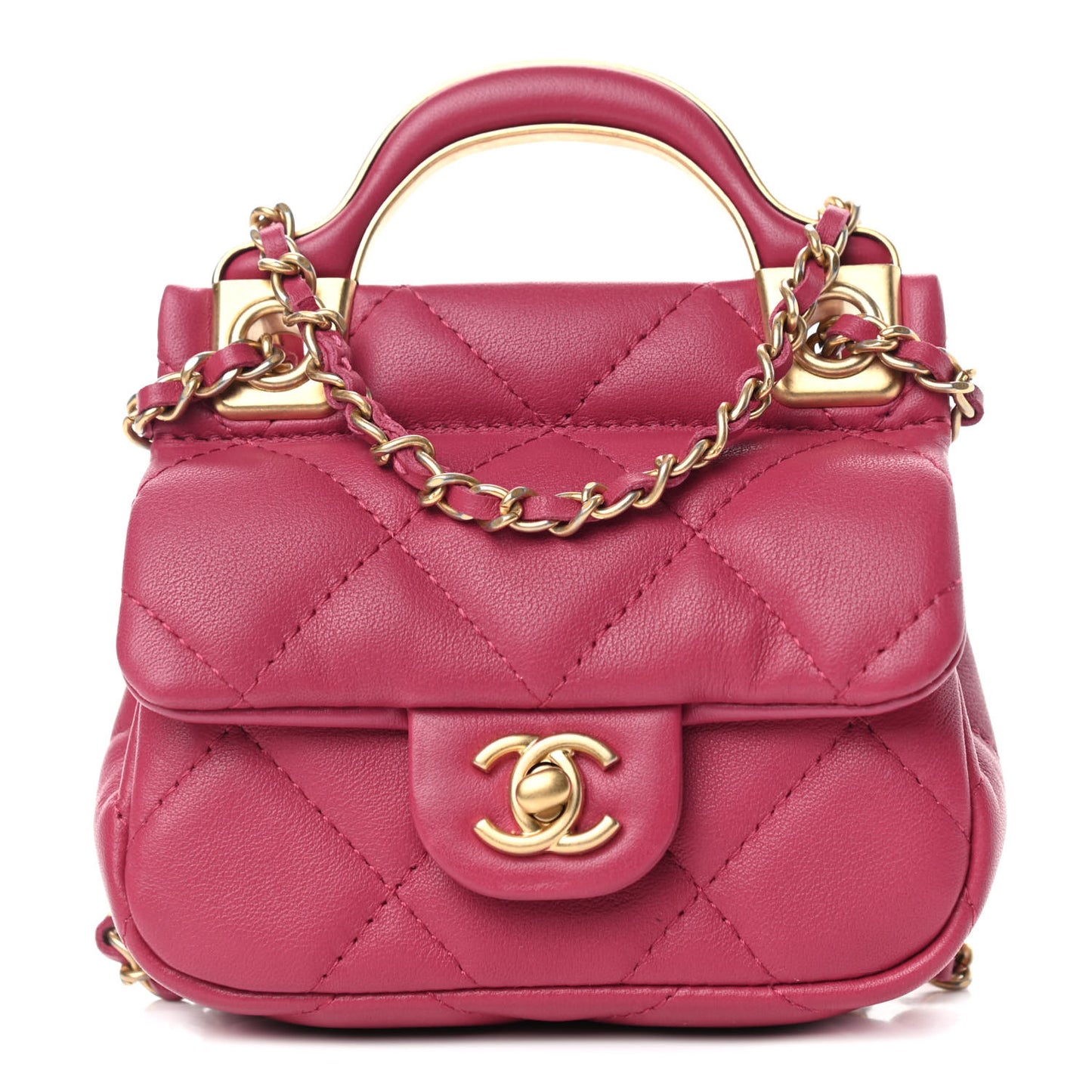 Calfskin Quilted Lady Handle Flap Card Holder With Chain Dark Pink