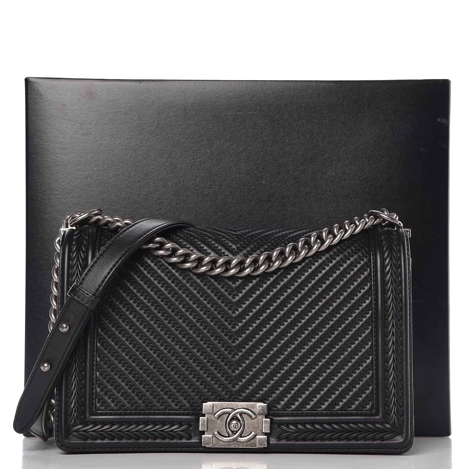 Chanel Calfskin Chevron Quilted New Medium Braided Boy Flap Black 8 of 8