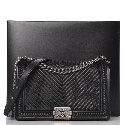 Chanel Calfskin Chevron Quilted New Medium Braided Boy Flap Black 8 of 8