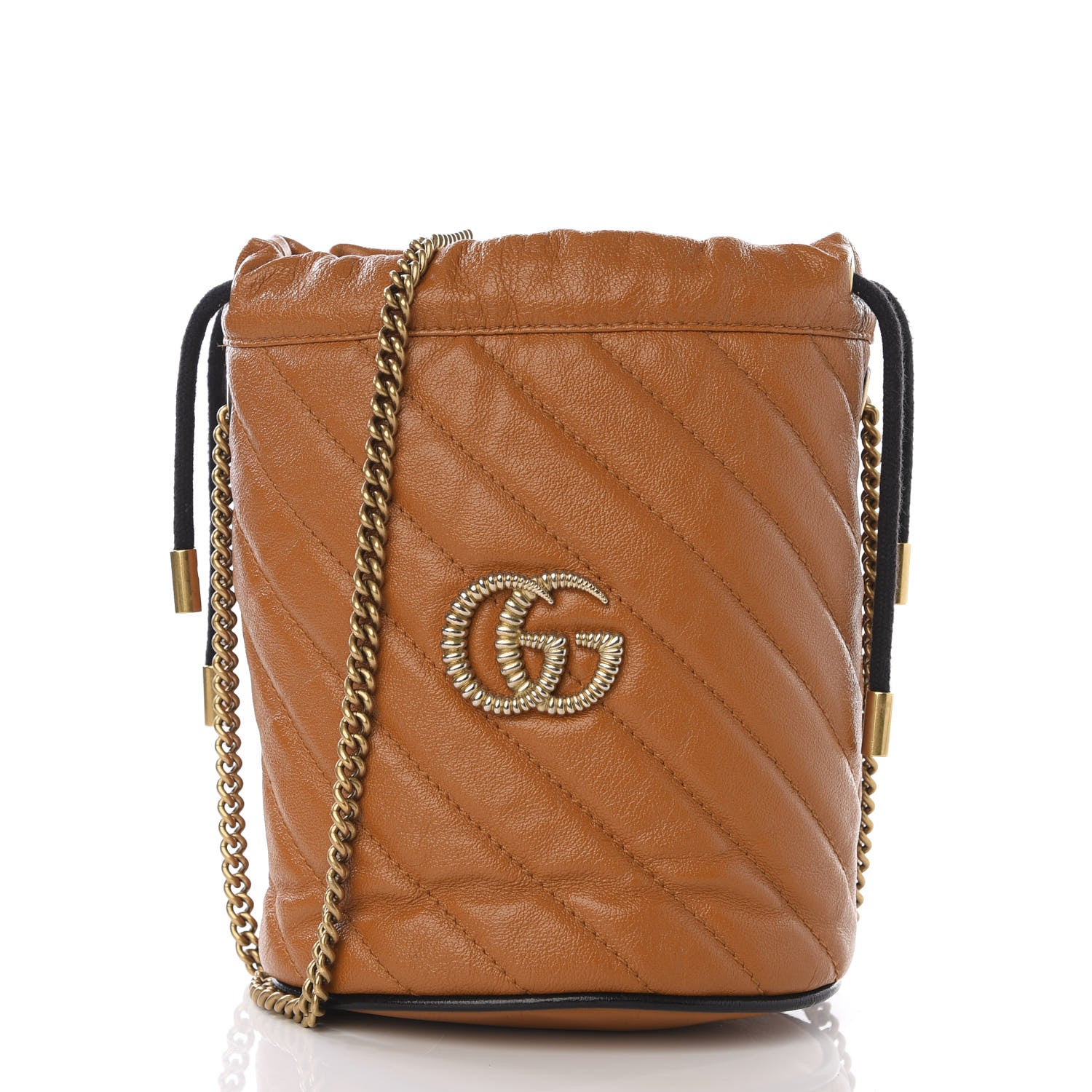Gucci Vintage Effect Calfskin Matelasse Diagonal Mini Torchon GG Marmont 2.0 Bucket Bag Cognac 1 of 13