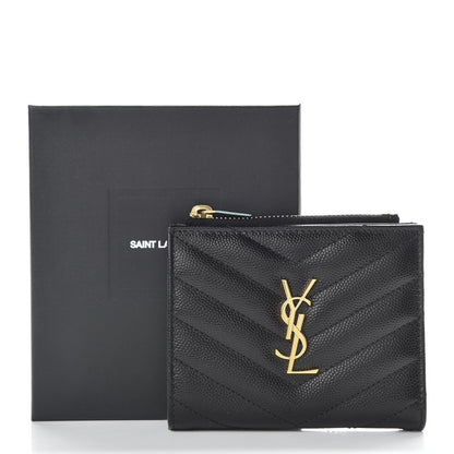 Saint Laurent Grain De Poudre Matelasse Chevron Monogram Zipped Card Case Black 7 of 7
