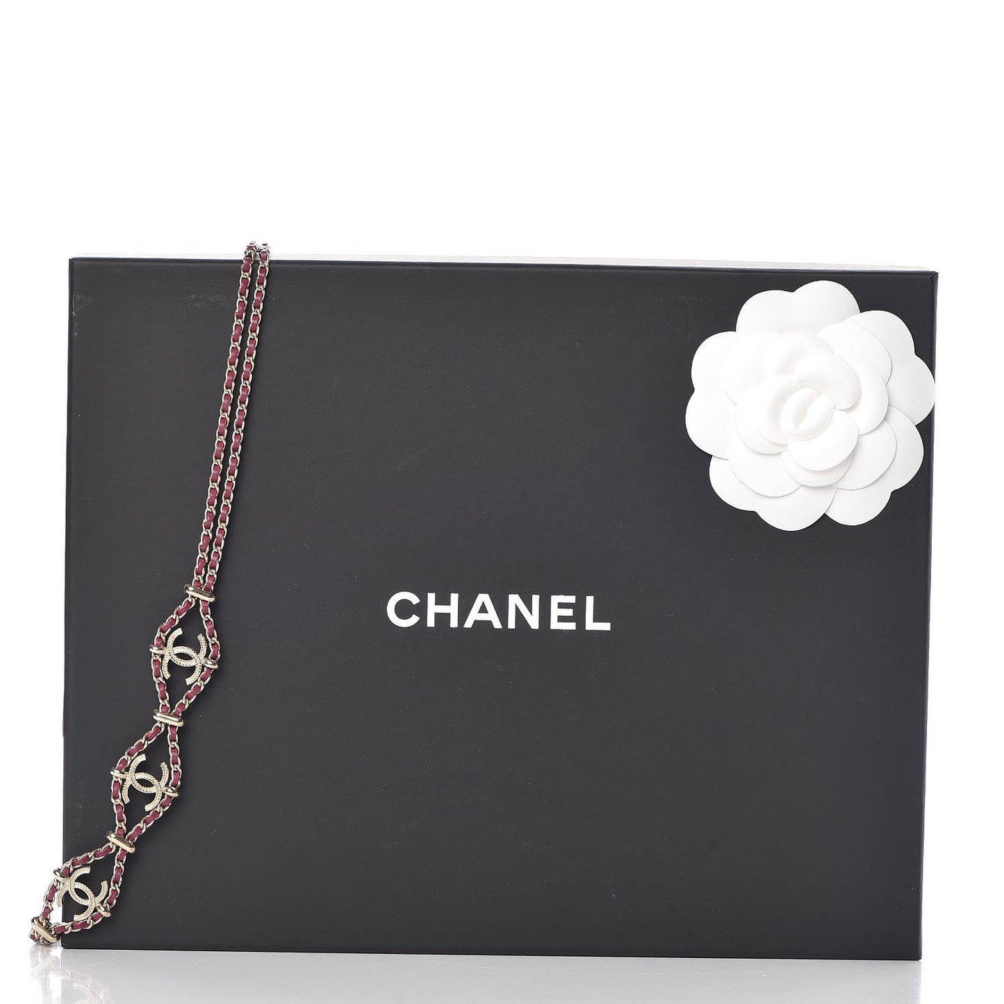 Metal Lambskin CC Chain Link Necklace Gold Burgundy