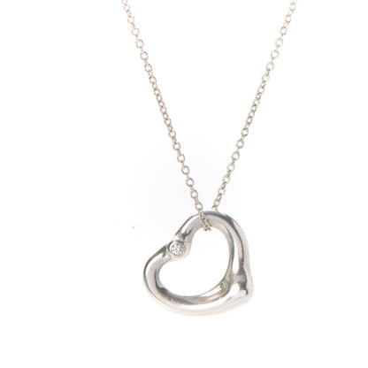Tiffany Sterling Silver Diamond 16mm Elsa Peretti Open Heart Pendant Necklace 4 of 10
