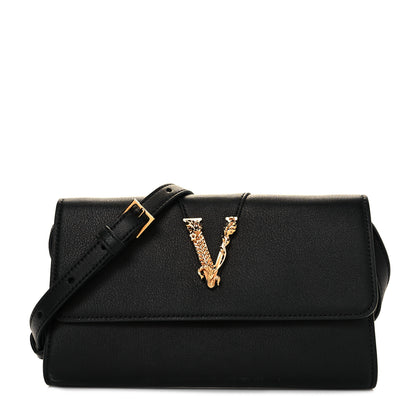 Versace Grained Calfskin Virtus Wallet On Chain Black 1 of 8