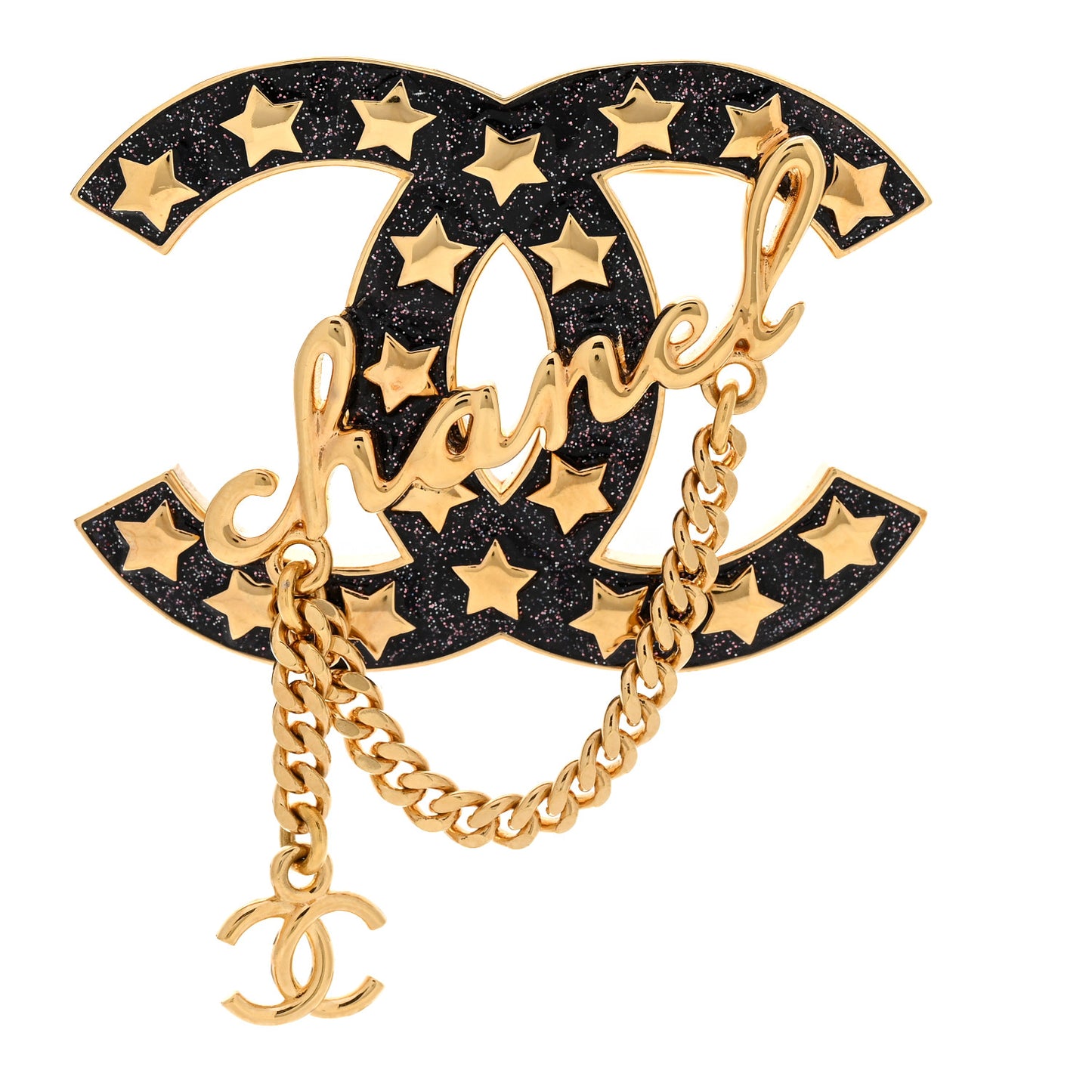 Metal Resin CC Star Chain Logo Brooch Gold Black