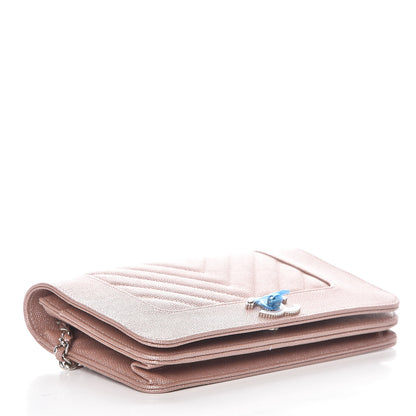 Chanel Metallic Caviar Chevron Quilted Vintage Mademoiselle Wallet On Chain WOC Pink 4 of 11