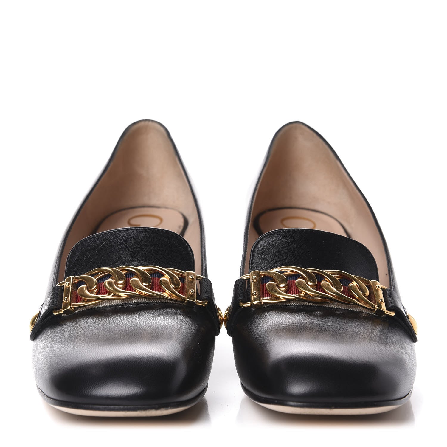 Gucci Malaga Kid Sylvie Web Chain Mid Heel Loafers 38 Black 2 of 10