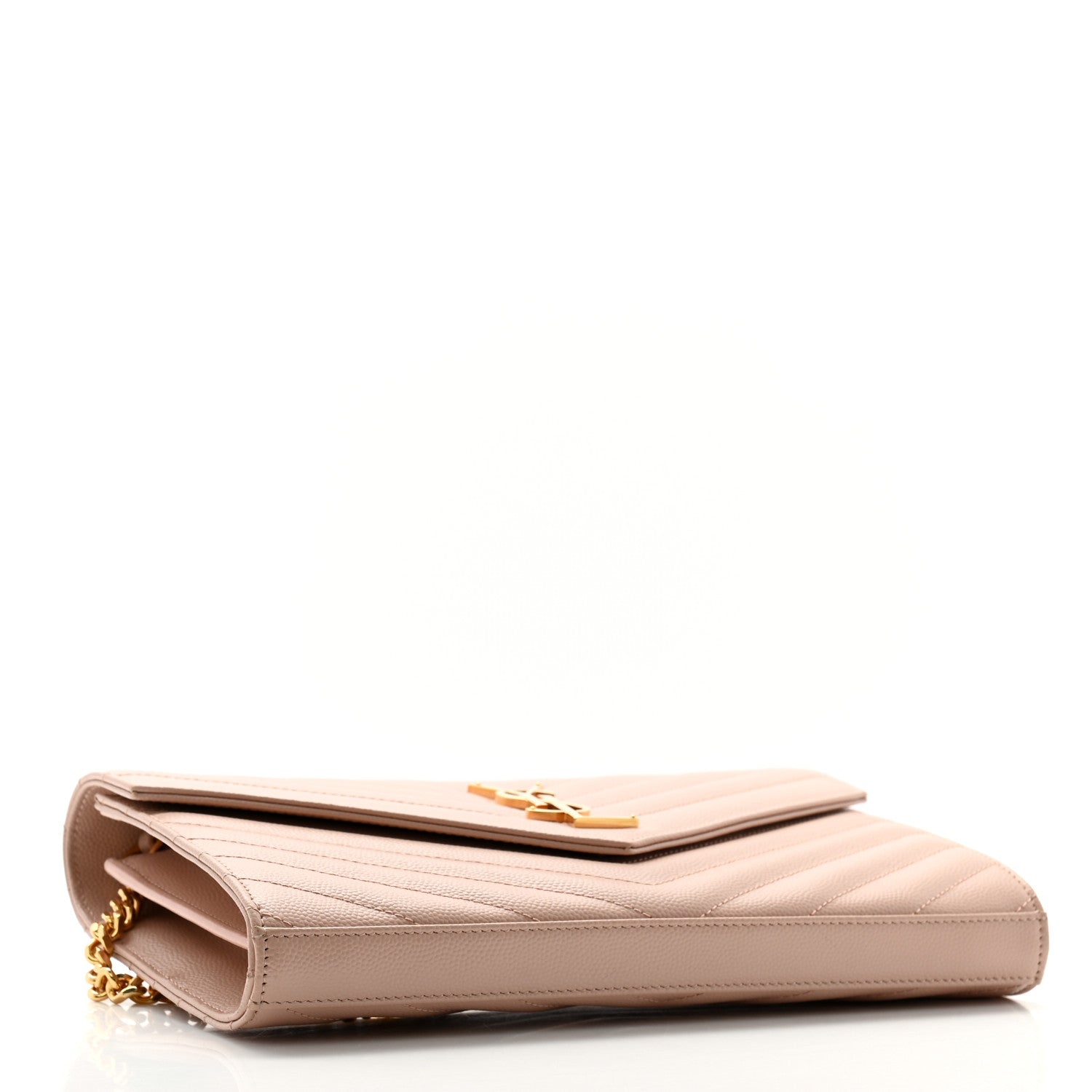 Saint Laurent Grain De Poudre Matelasse Chevron Monogram Chain Wallet Pale Pink 4 of 12