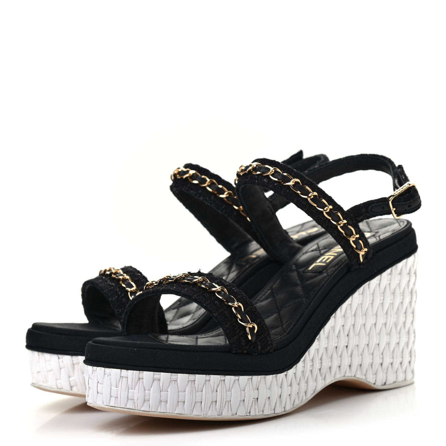 Chanel Tweed Chain Platform Sandals 38.5 Black 3 of 8