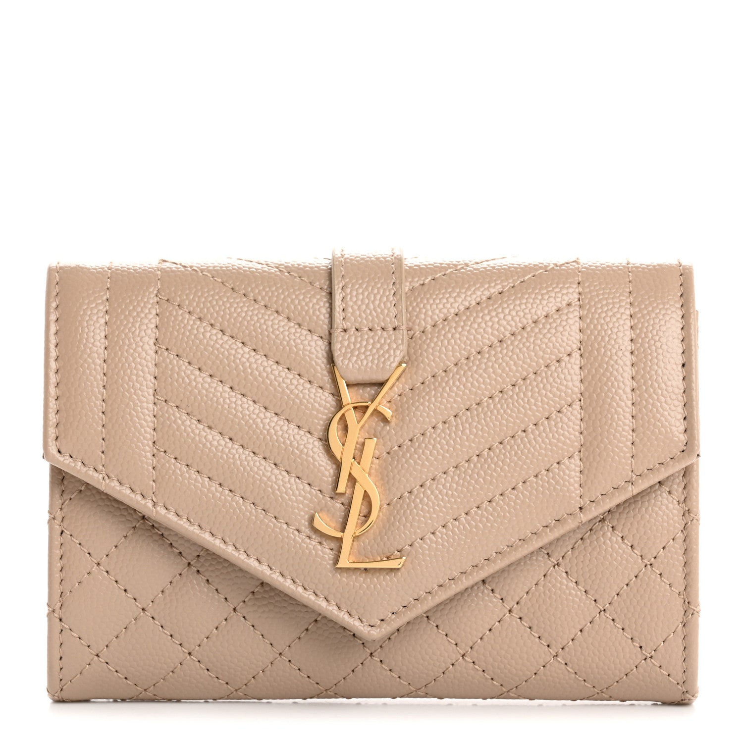 Saint Laurent Grain De Poudre Textured Mixed Matelasse Triquilt Small Monogram Envelope Wallet Dark Beige 1 of 8