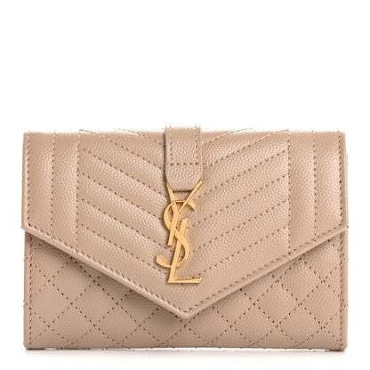 Saint Laurent Grain De Poudre Textured Mixed Matelasse Triquilt Small Monogram Envelope Wallet Dark Beige 1 of 8