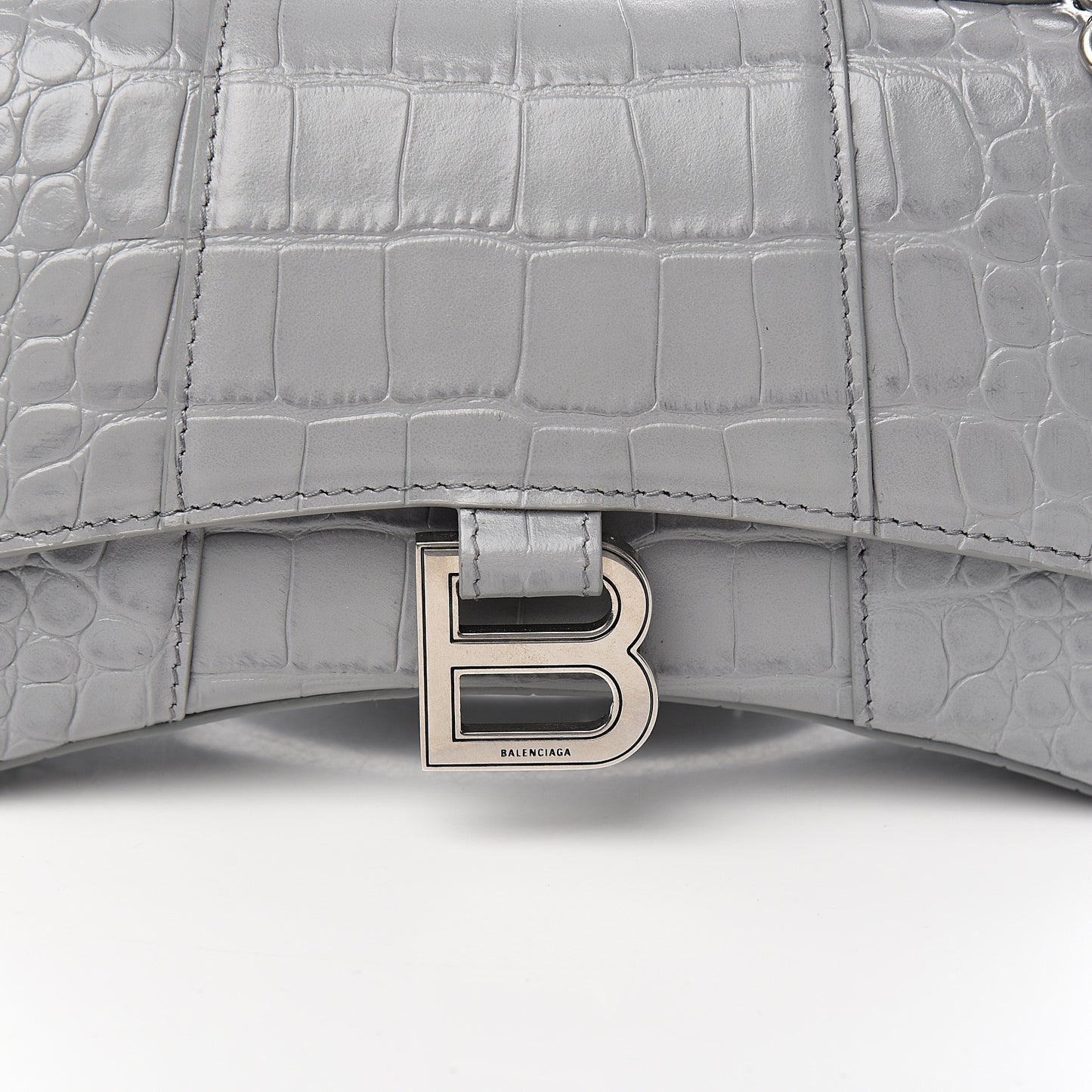 Shiny Calfskin Crocodile Embossed Hourglass Top Handle Bag XS Balenciaga Grey