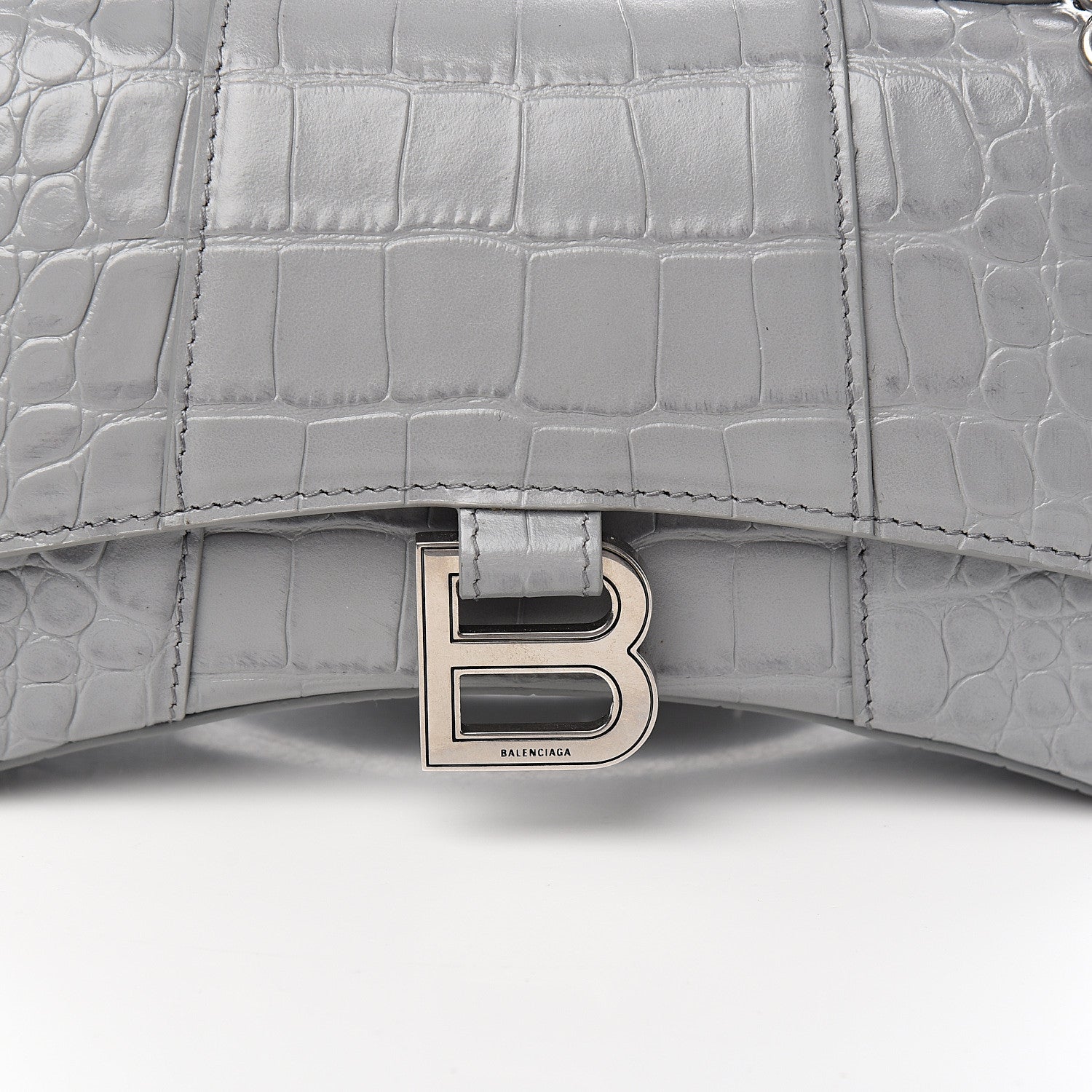 Balenciaga Shiny Calfskin Crocodile Embossed Hourglass Top Handle Bag XS Balenciaga Grey 10 of 10