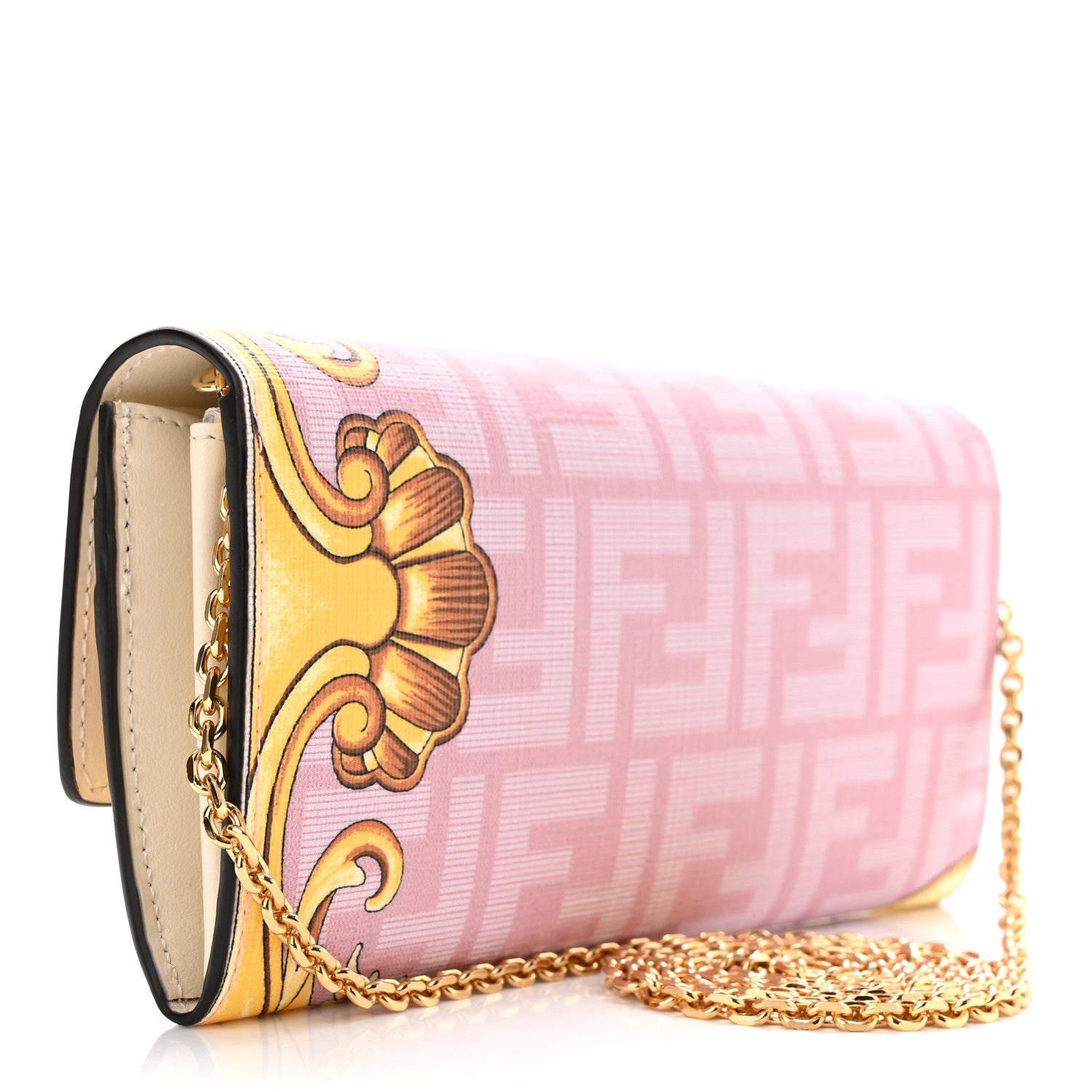 Fendi X VERSACE Glazed Fabric Fendace FF Baroque Continental Wallet On Chain Gold White Rosa 2 of 10