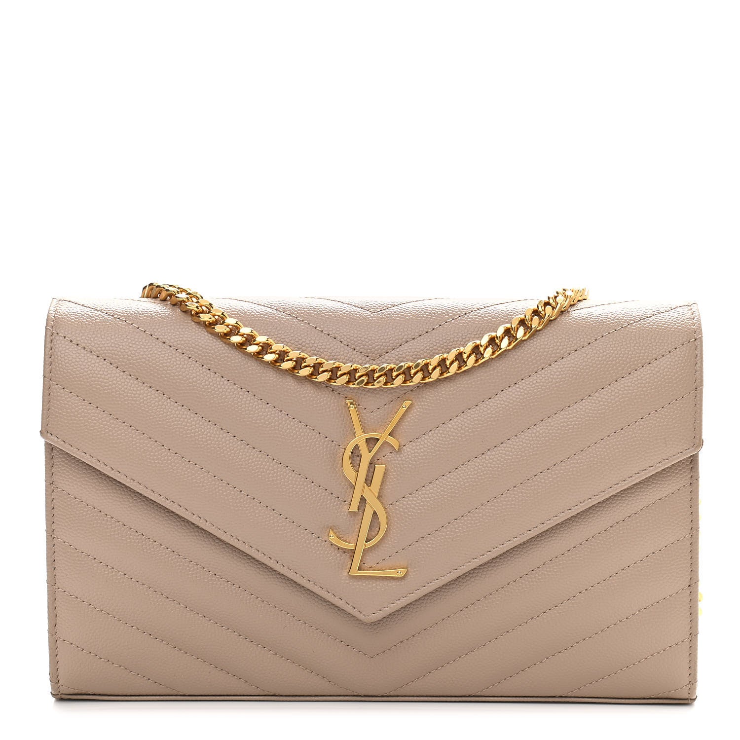 Saint Laurent Grain De Poudre Matelasse Chevron Monogram Chain Wallet Dark Beige 1 of 12