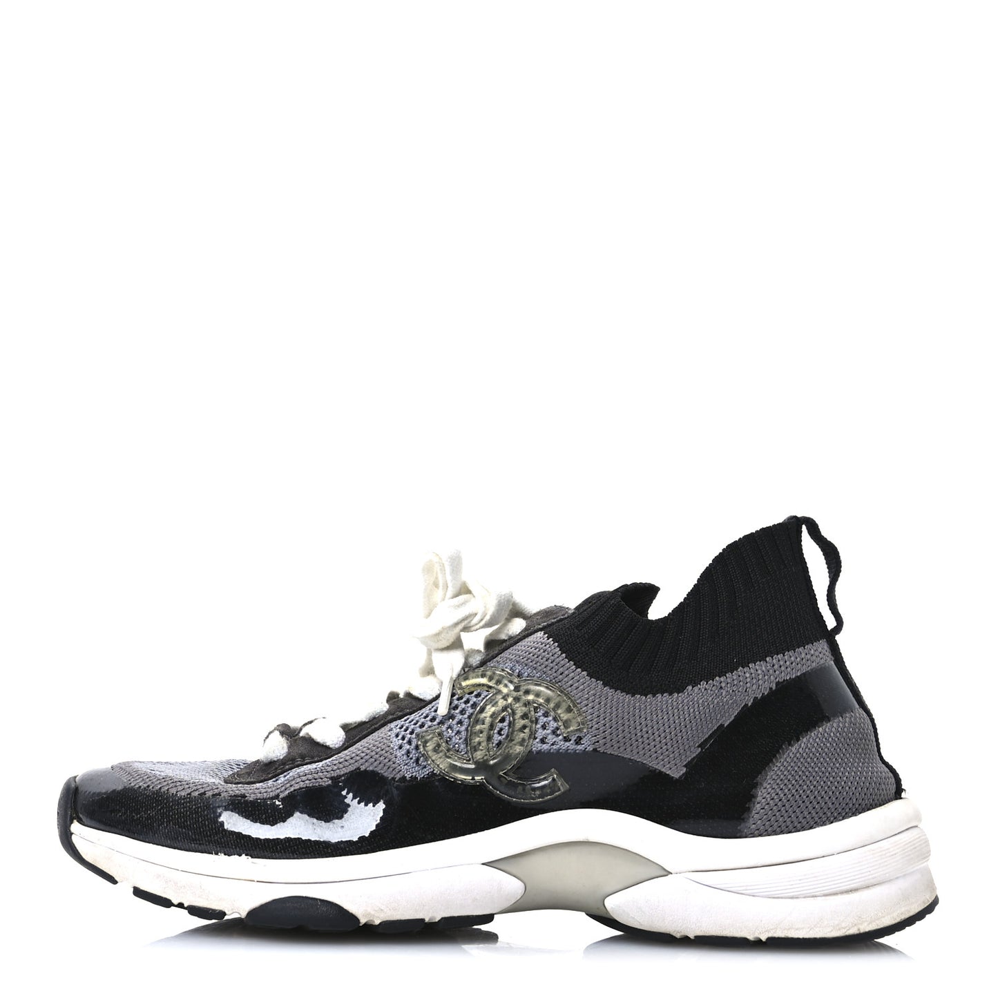 Fabric Suede Calfskin Womens CC Sneakers 38.5  Black Grey