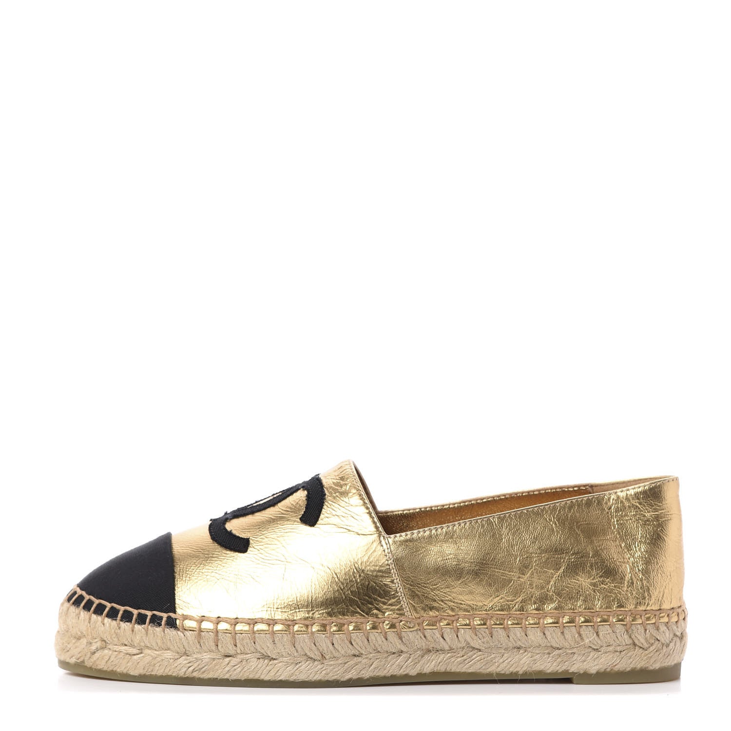 Chanel Laminated Lambskin Grosgrain CC Espadrilles 37 Gold Black 1 of 11