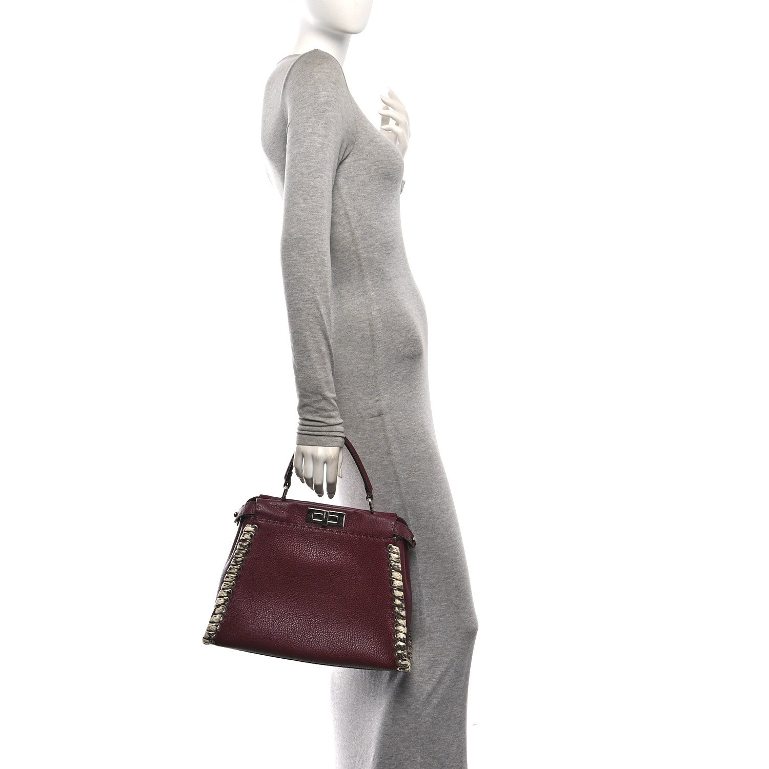 Fendi Cuoio Romano Elaphe Selleria Lace Up Bi-Color Medium Peekaboo Iconic Satchel Bordeaux Grigio Polvere Natural 2 of 9