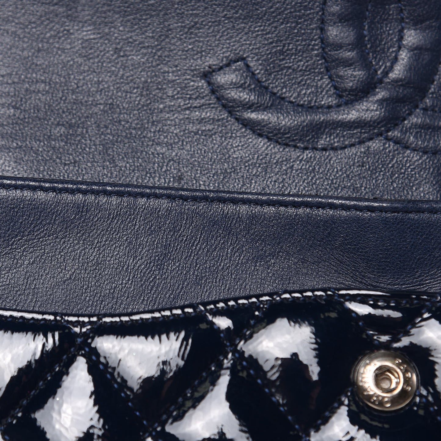 Patent Quilted Medium Double Flap Navy Blue