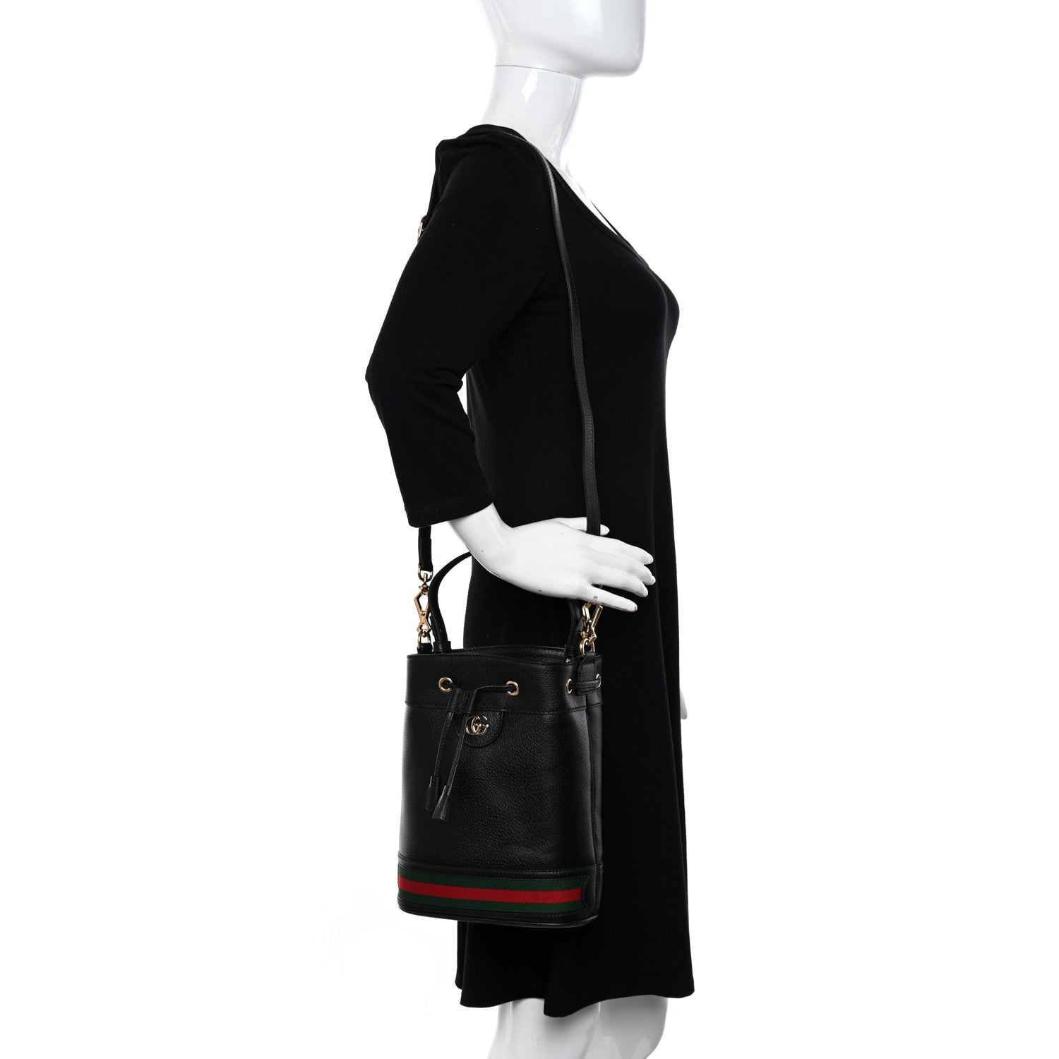 Gucci Glazed Textured Calfskin Web Small Ophidia Bucket Bag Black 2 of 10