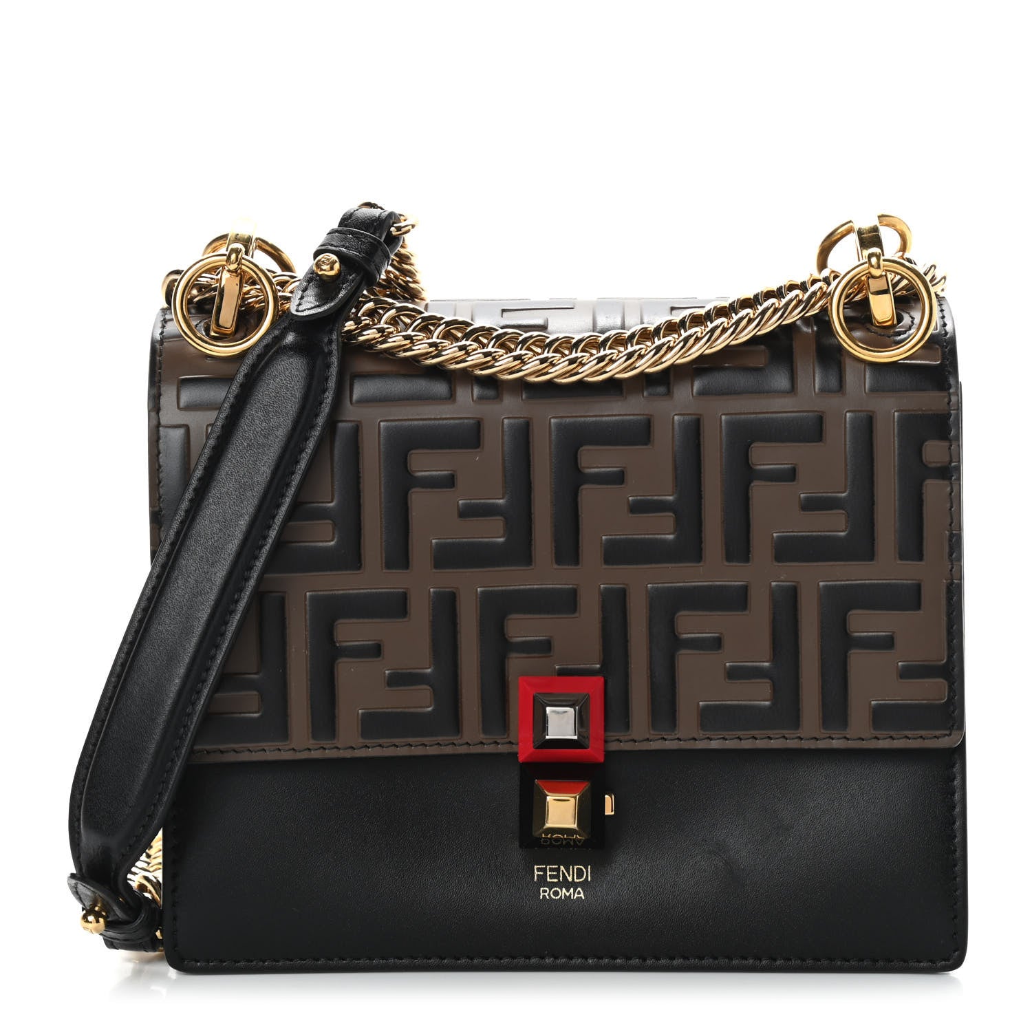 Fendi Vitello Liberty Bi-Color FF 1974 Embossed Small Kan I Shoulder Bag Black Maya 1 of 9