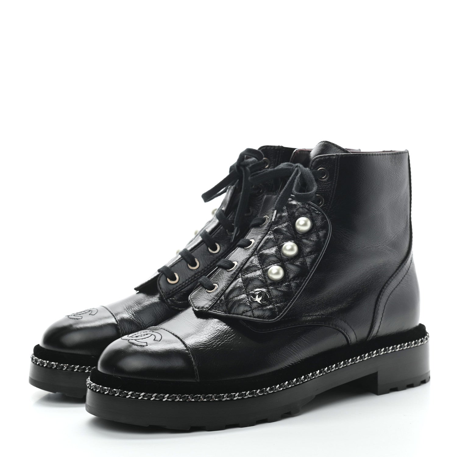 Chanel Crackled Calfskin Velvet Pearl Combat Short Boots 39.5 Black 3 of 8