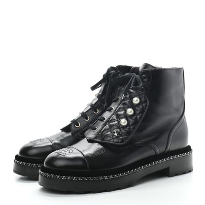 Chanel Crackled Calfskin Velvet Pearl Combat Short Boots 39.5 Black 3 of 8