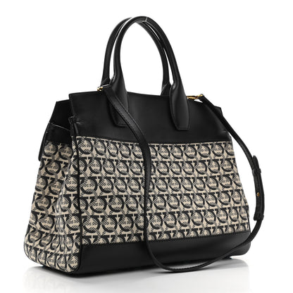 Salvatore Ferragamo Canvas Calfskin Gancini The Studio Bag Black Beige 3 of 11