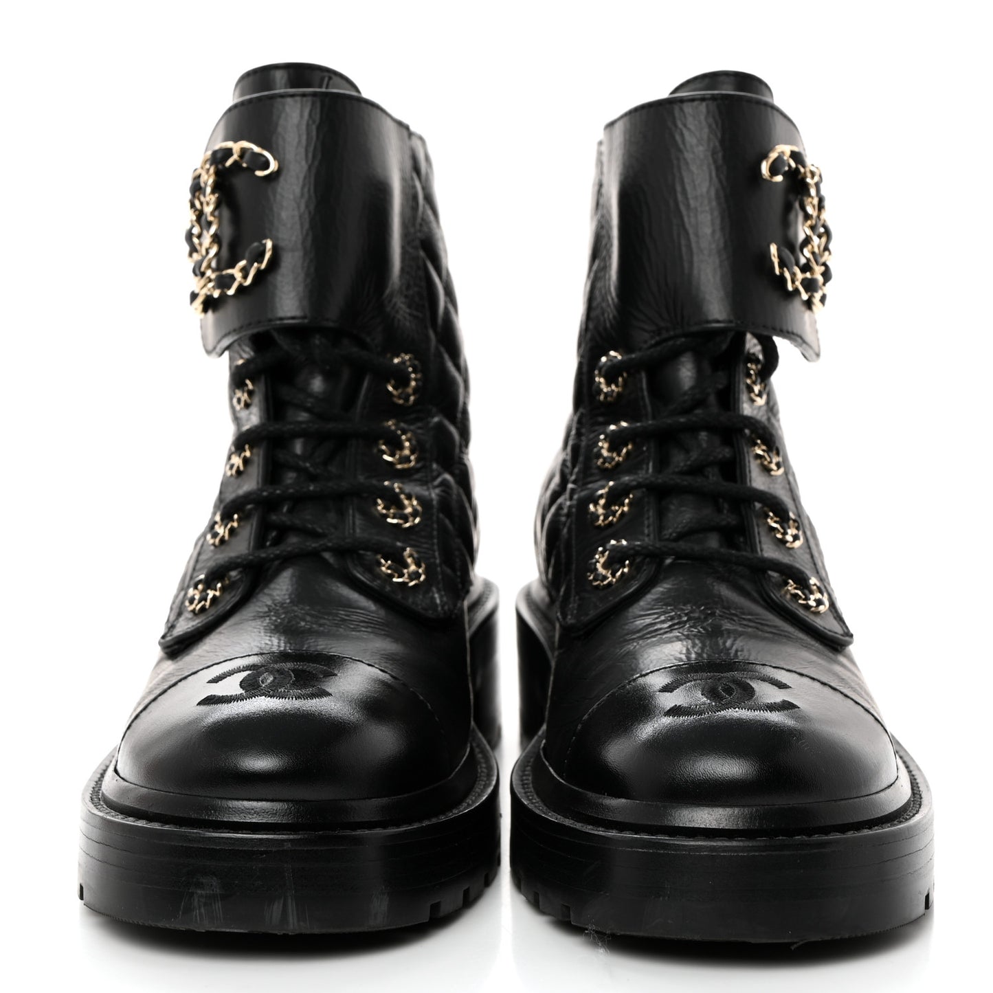 Shiny Calfskin Quilted Lace Up Combat Boots 35.5 Black