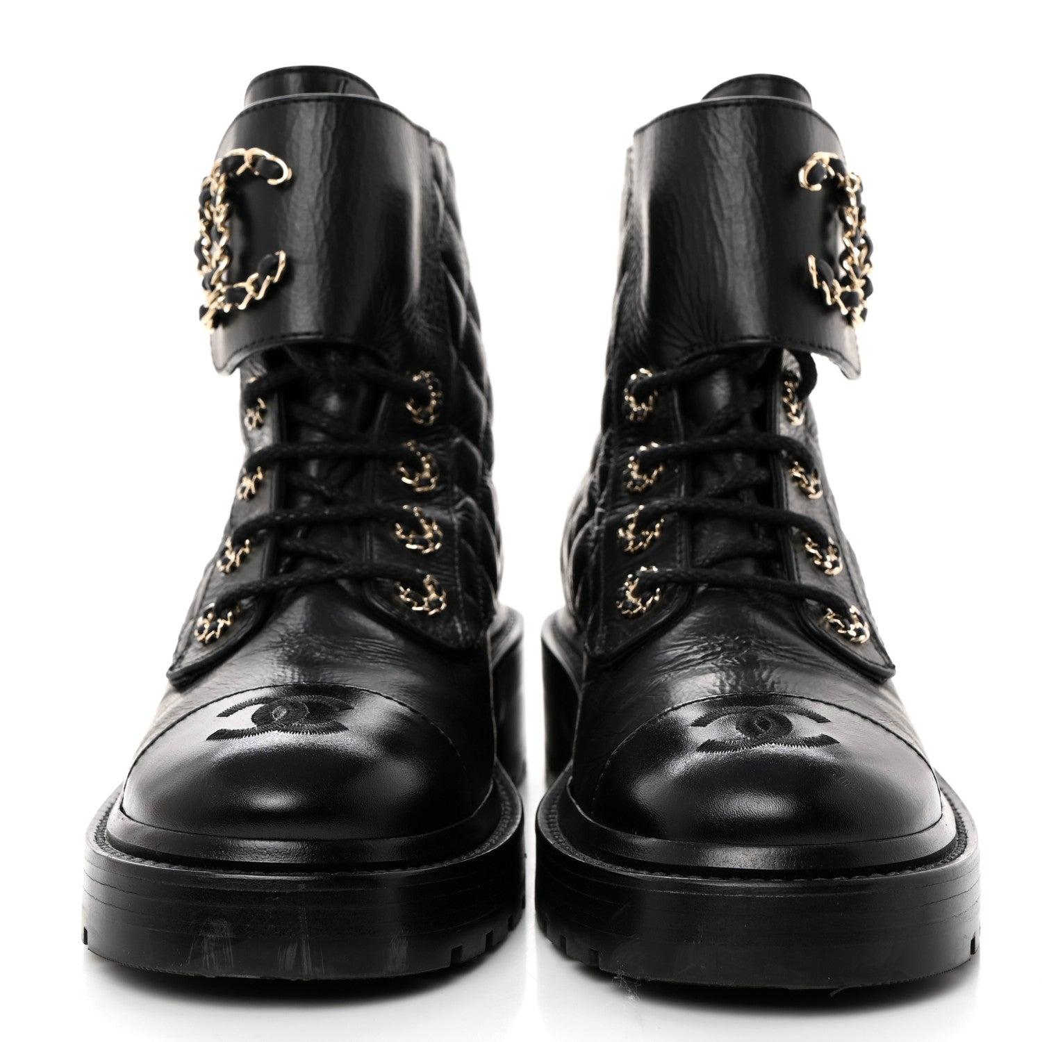 Chanel Shiny Calfskin Quilted Lace Up Combat Boots 35.5 Black 2 of 8