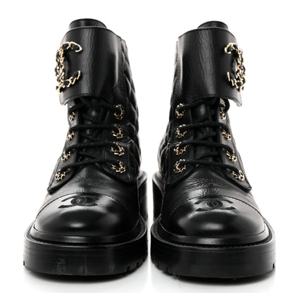 Chanel Shiny Calfskin Quilted Lace Up Combat Boots 35.5 Black 2 of 8