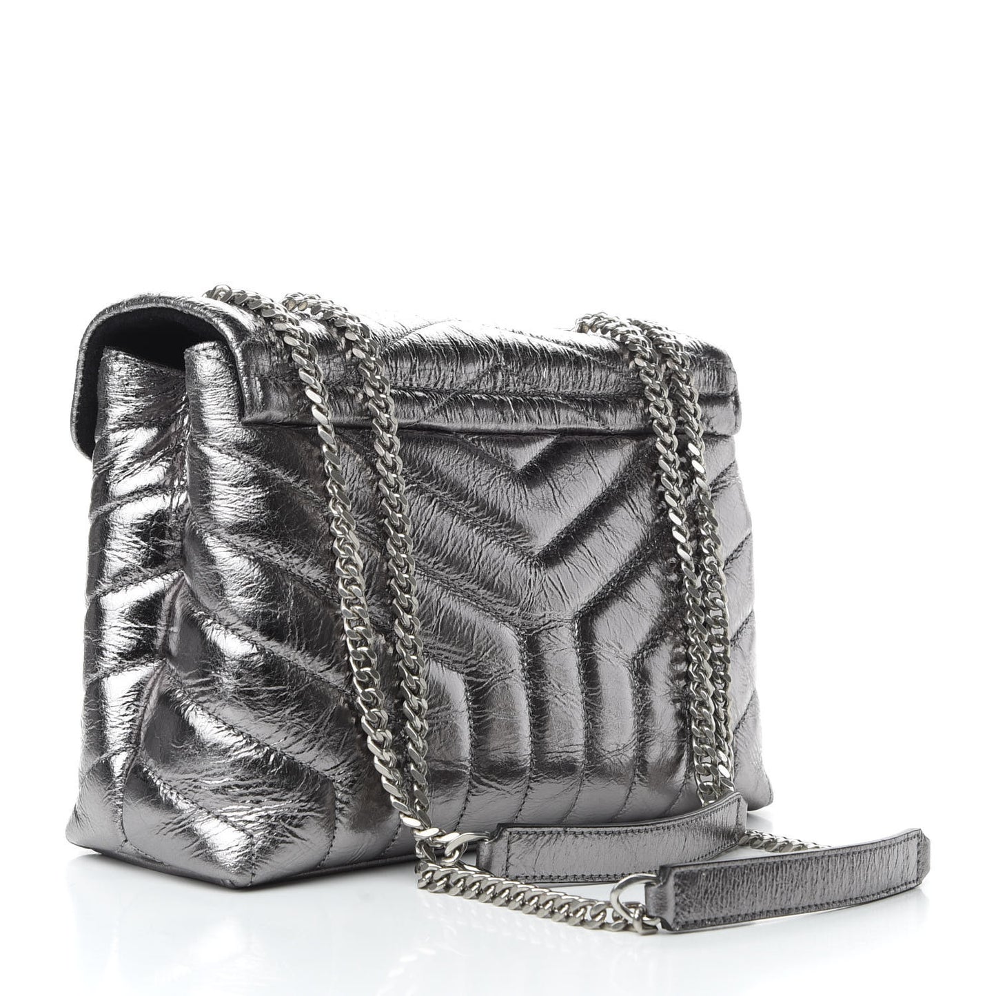 Metallic Calfskin Y Quilted Monogram Small Loulou Chain Satchel Acciaio