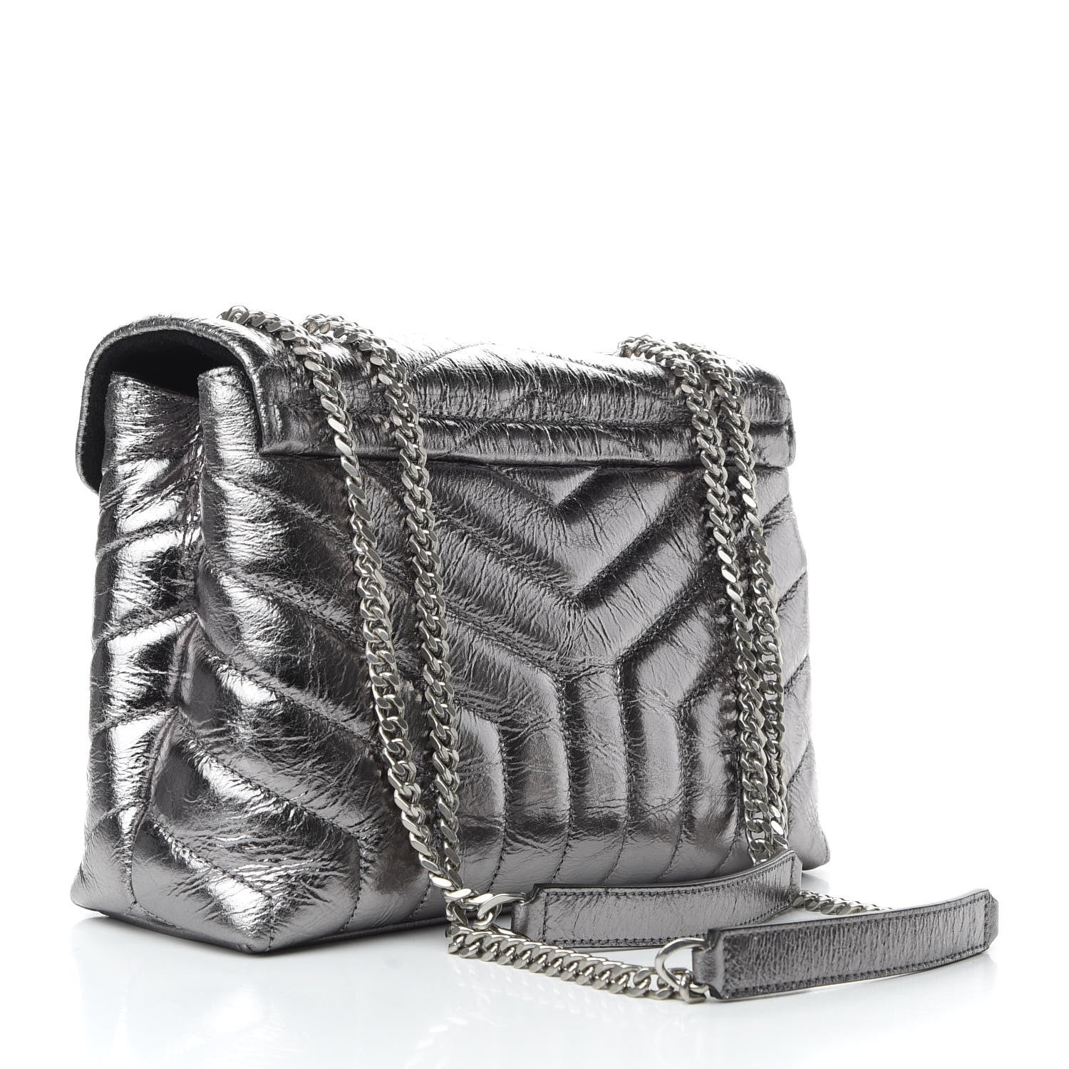 Saint Laurent Metallic Calfskin Y Quilted Monogram Small Loulou Chain Satchel Acciaio 4 of 10