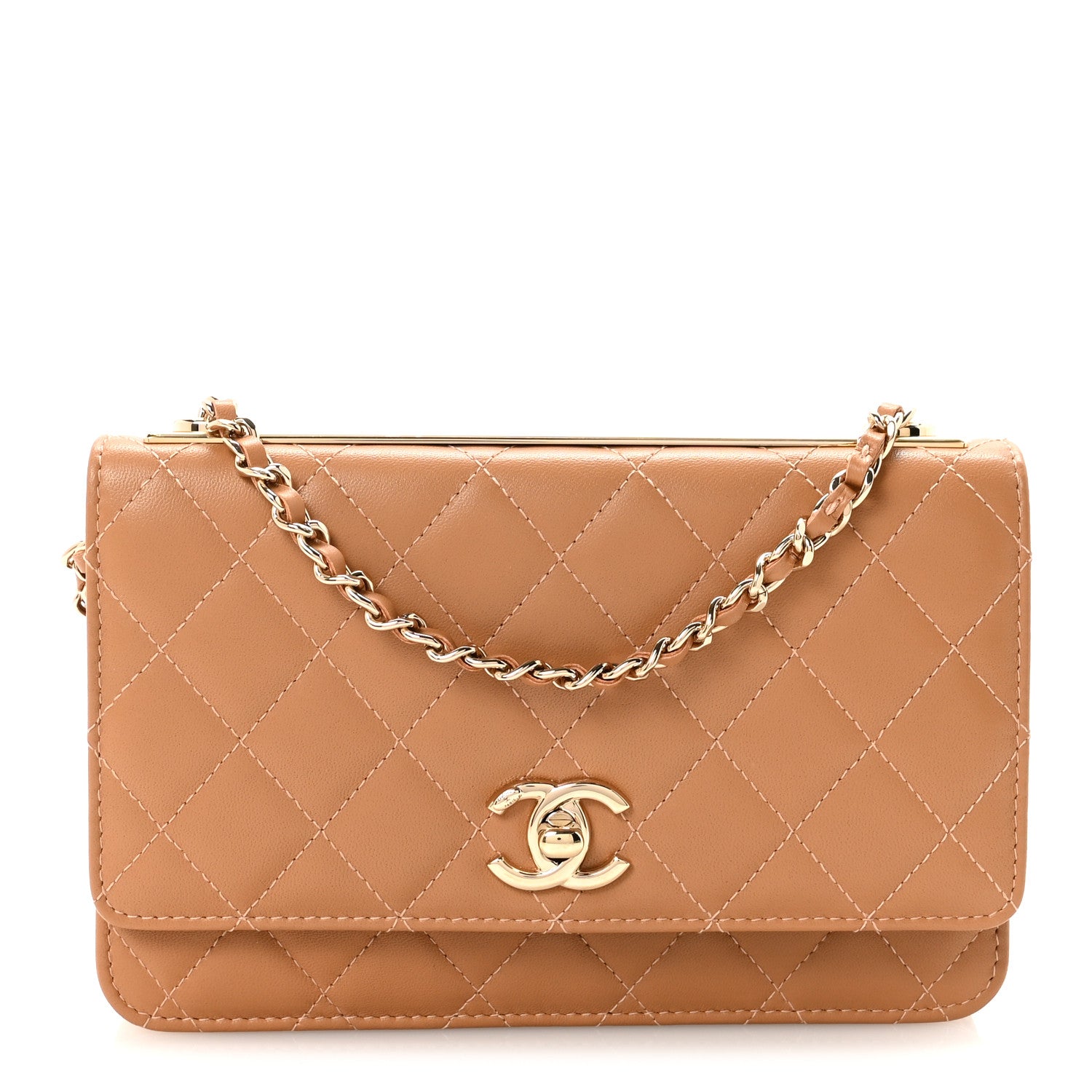 Chanel Lambskin Quilted Trendy CC Wallet On Chain WOC Camel 1 of 12