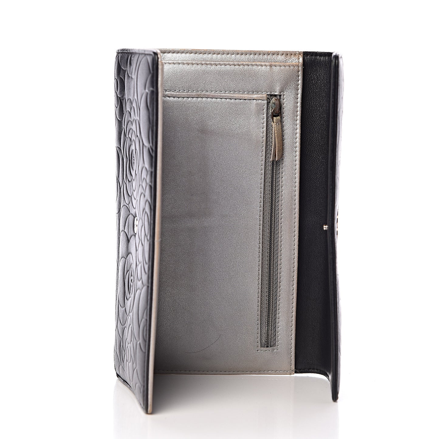 Lambskin Camellia Embossed Large Flap Wallet Black