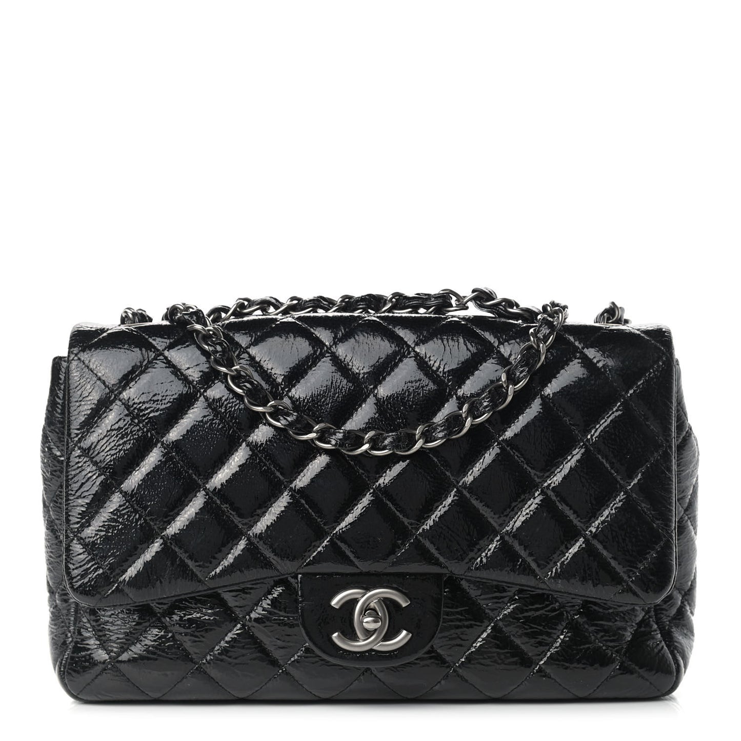 Crinkled Patent Quilted Jumbo Single Flap Black