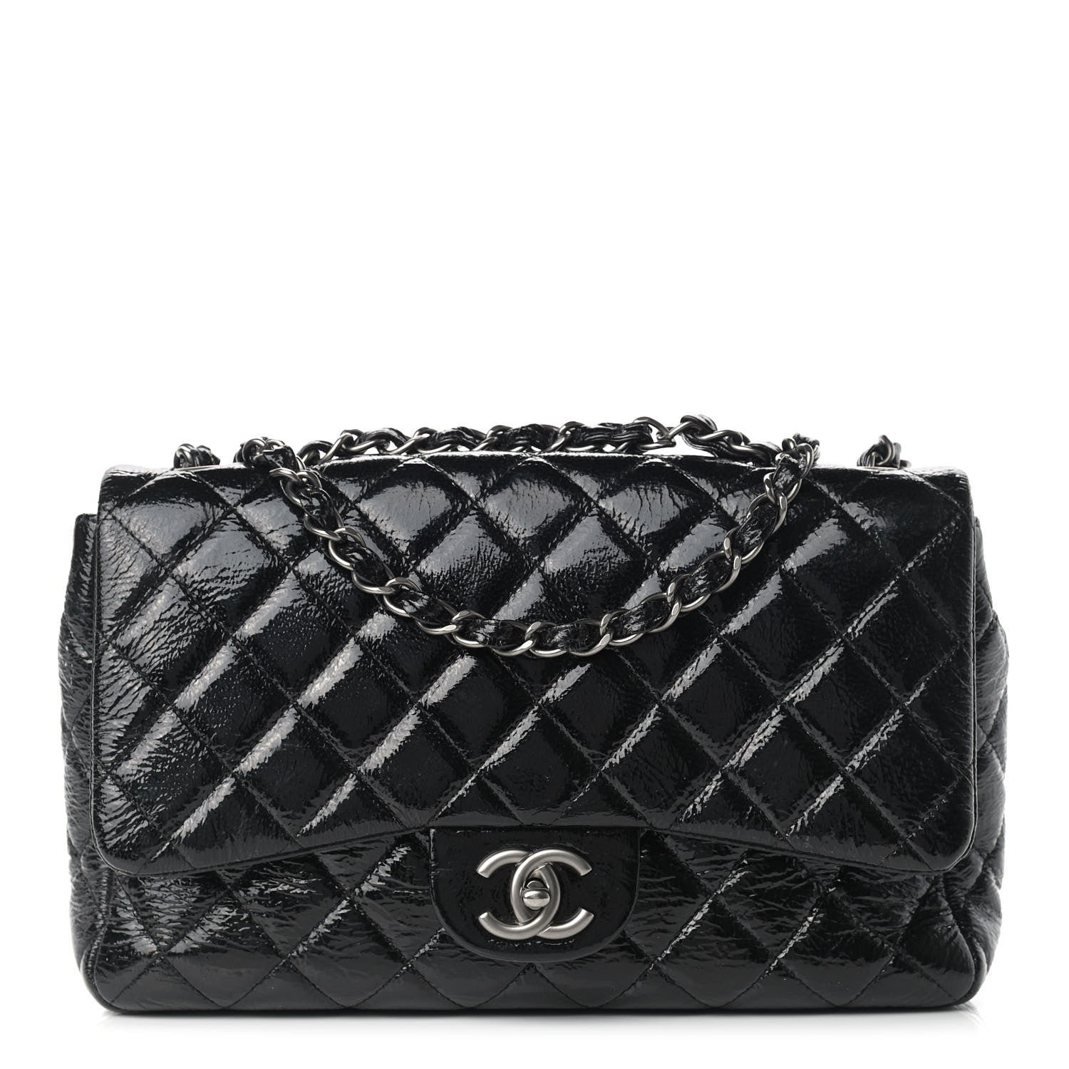 Chanel Crinkled Patent Quilted Jumbo Single Flap Black 1 of 15