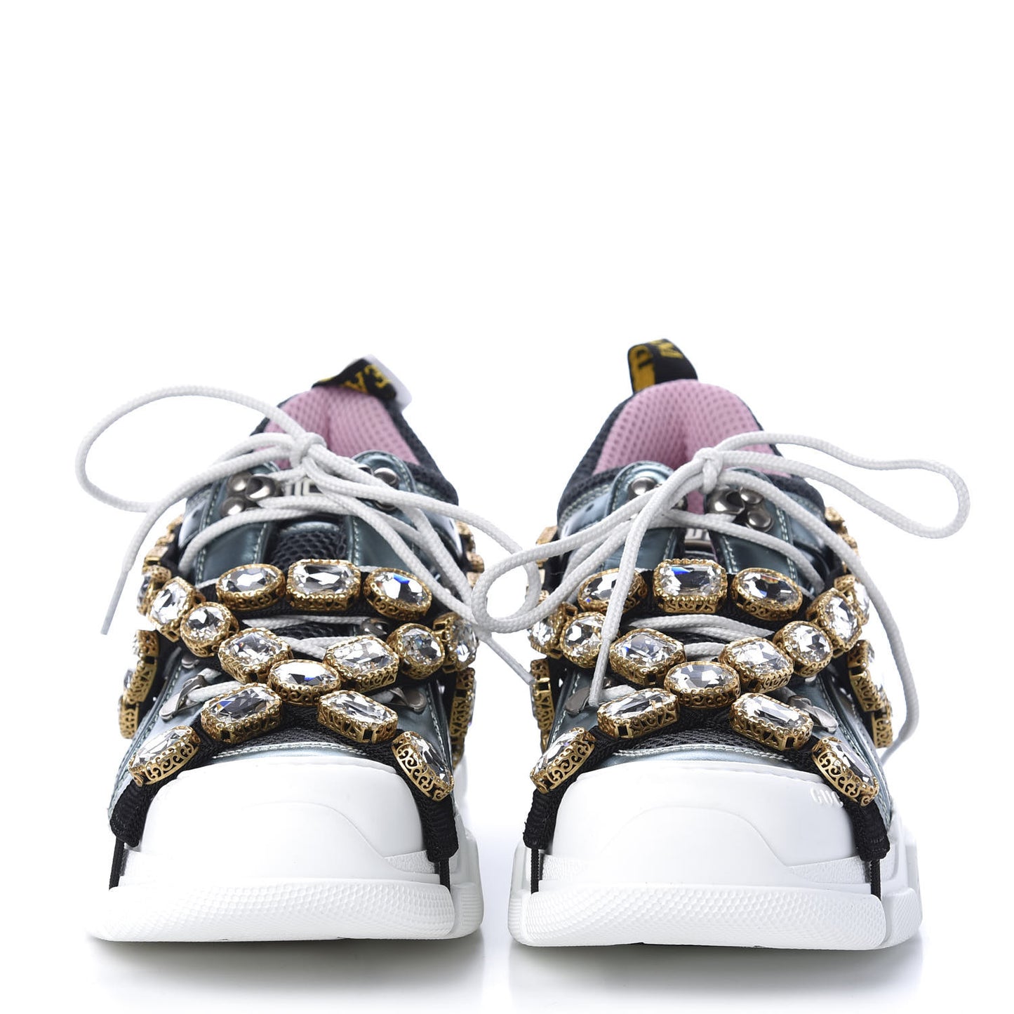 X SEGA Metallic Calfskin Removable Crystals Womens Flashtrek Sneakers 37.5 Lago Loess Silver