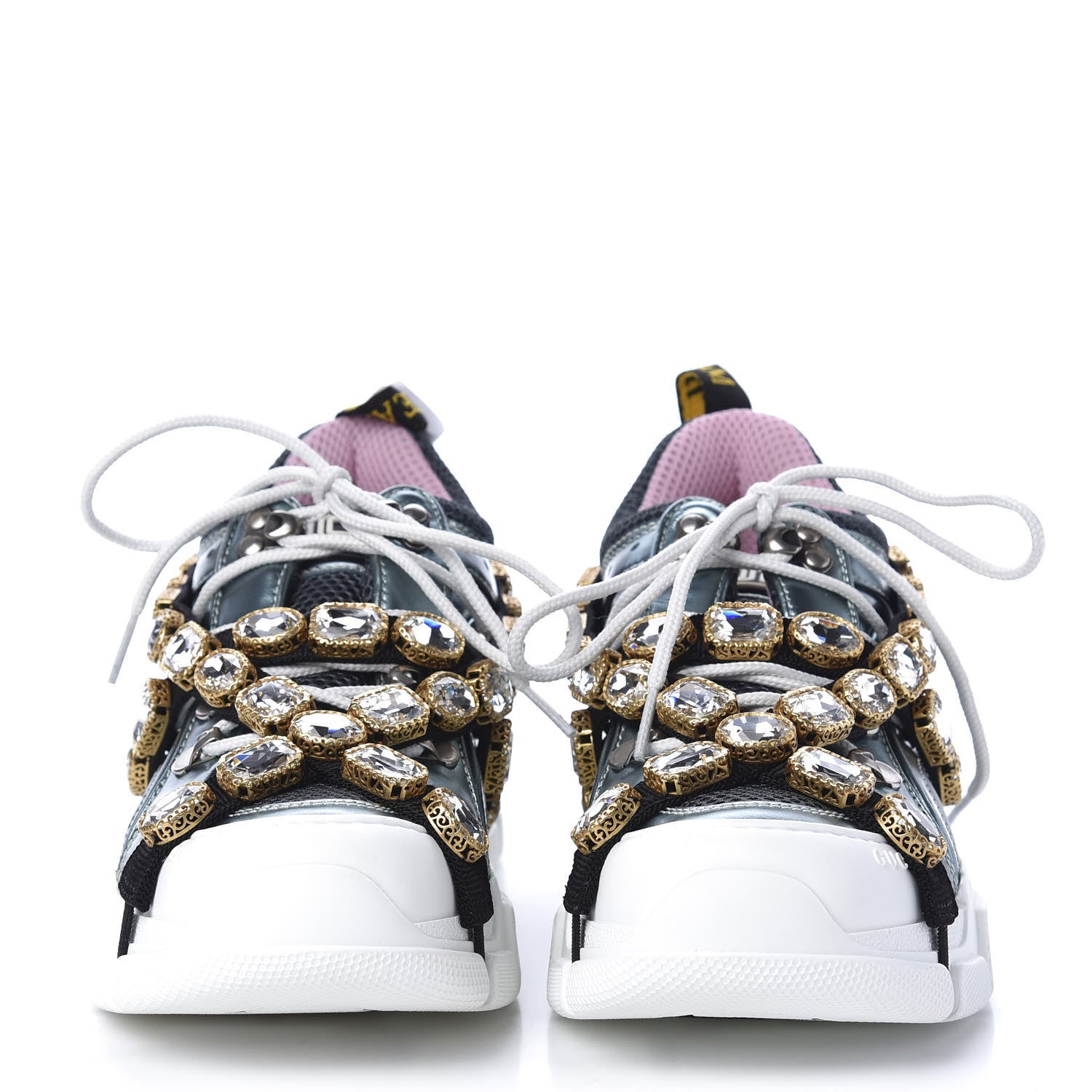Gucci X SEGA Metallic Calfskin Removable Crystals Womens Flashtrek Sneakers 37.5 Lago Loess Silver 2 of 8