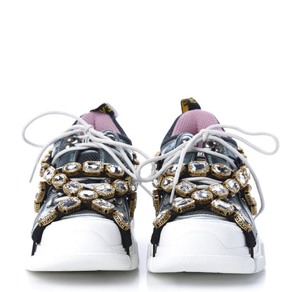Gucci X SEGA Metallic Calfskin Removable Crystals Womens Flashtrek Sneakers 37.5 Lago Loess Silver 2 of 8